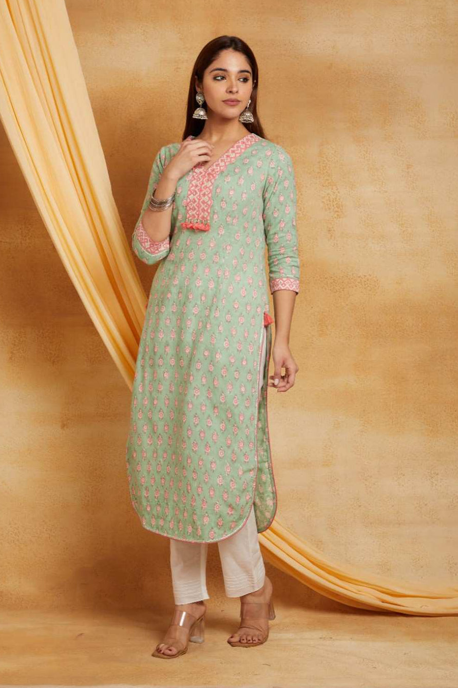 Green Gad Block Printed Single Kurta
