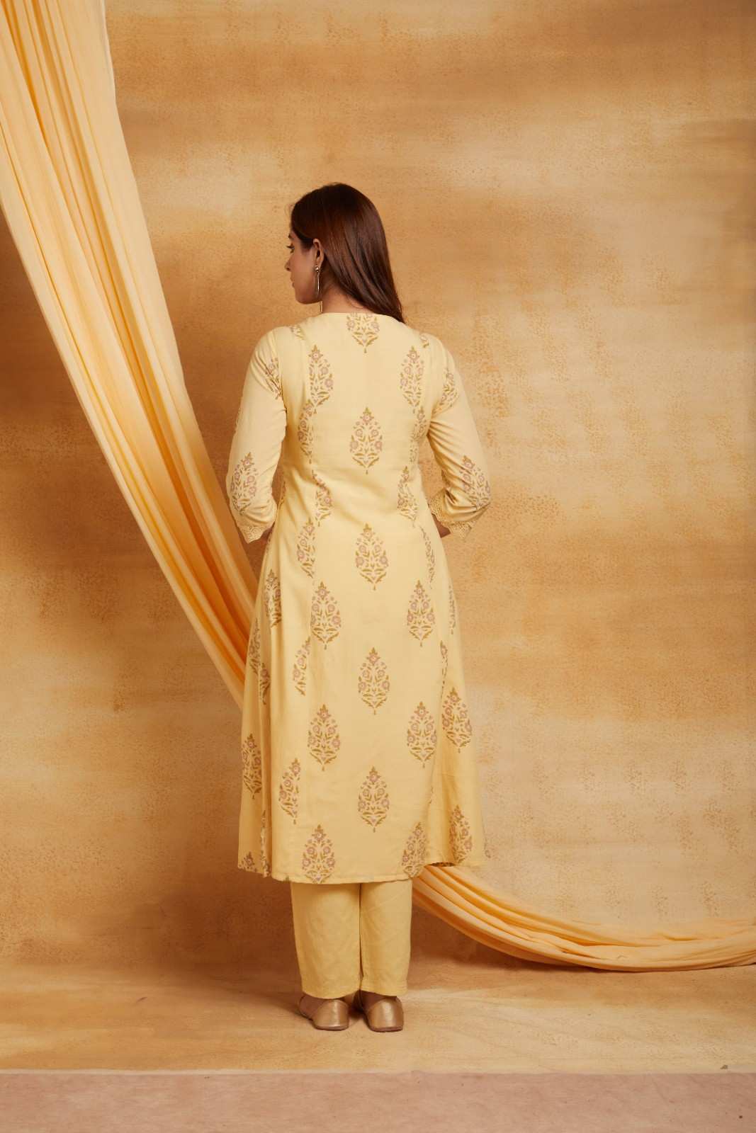 Yellow Block Printed and Embroidered Suit Set