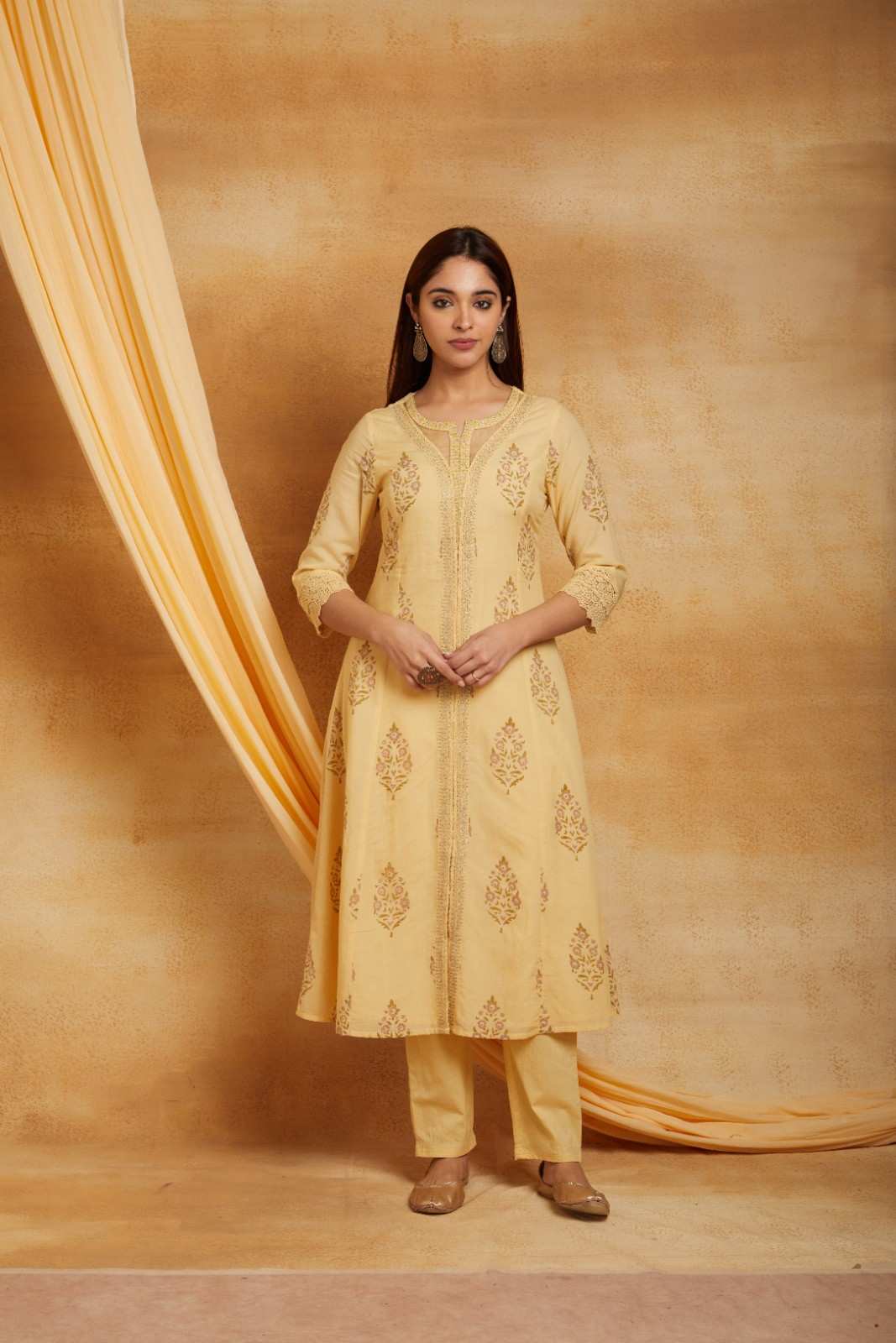 Yellow Block Printed and Embroidered Suit Set