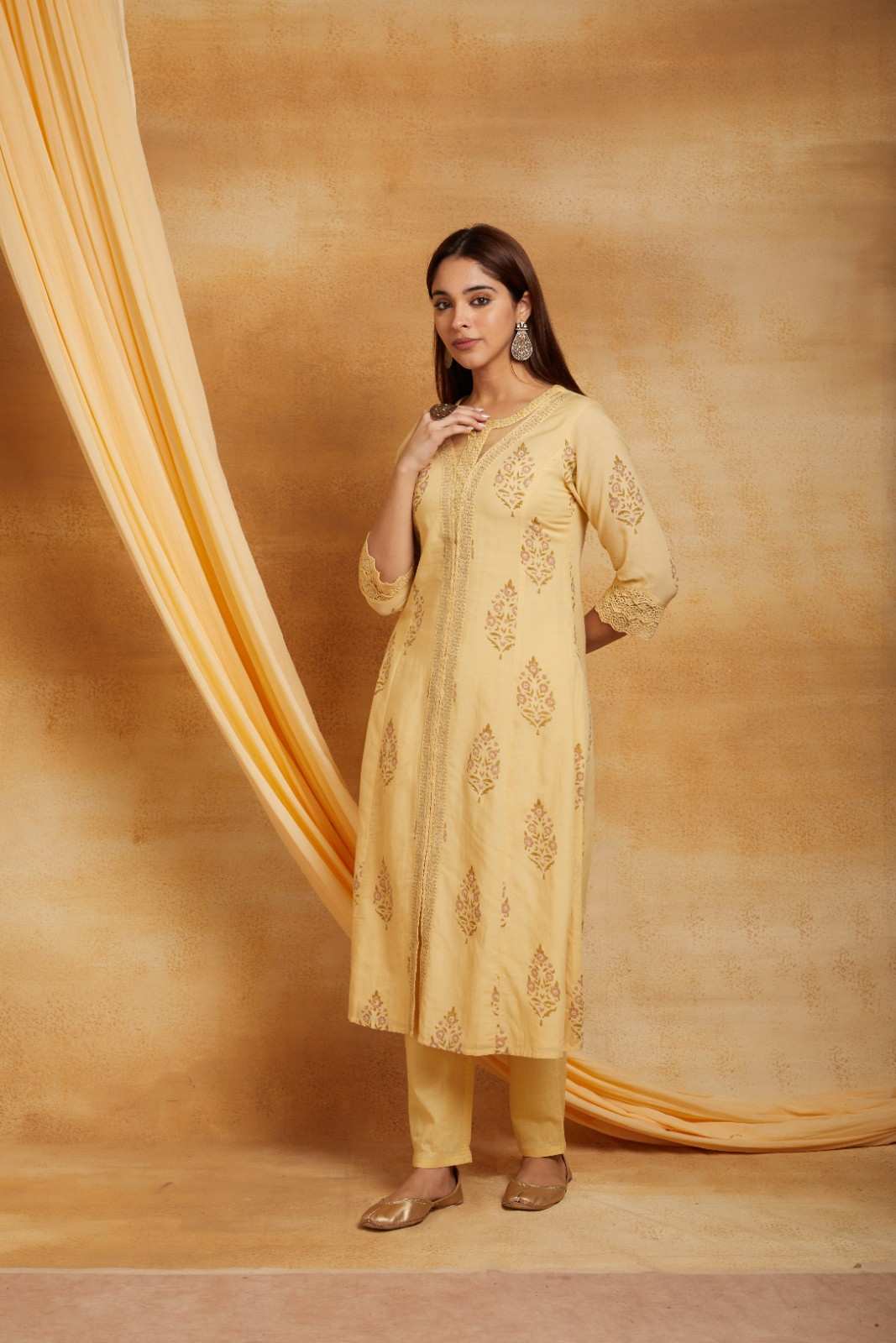 Yellow Block Printed and Embroidered Suit Set