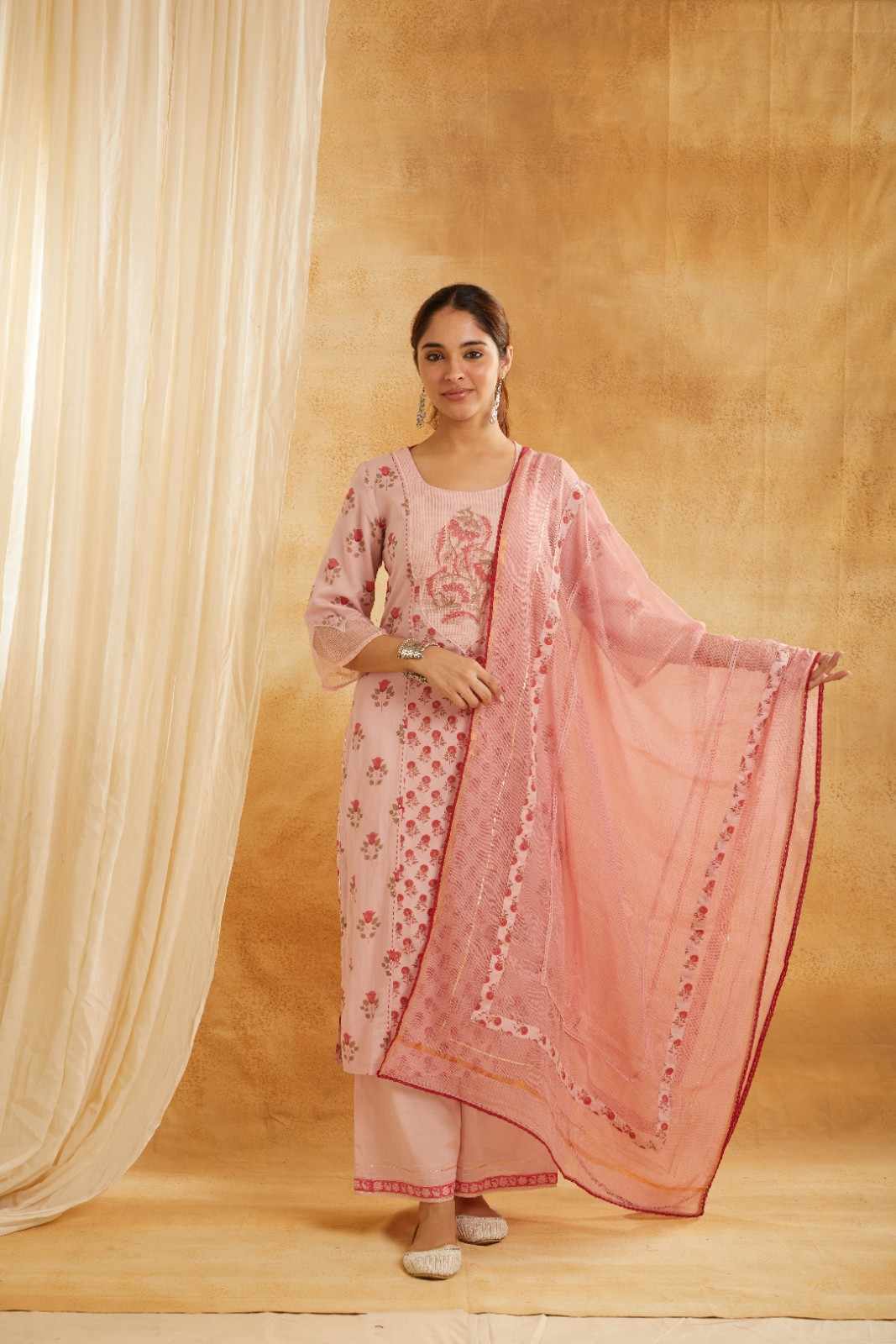 Rose Garden Block Printed Embroidered Suit Set