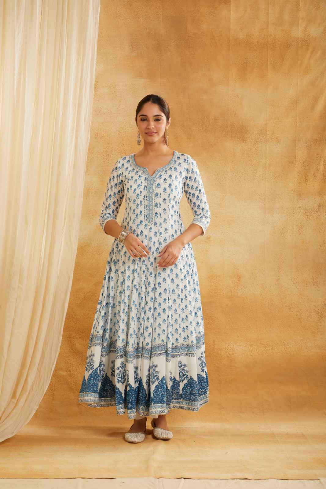 White and Blue Block Printed Anarkali Suit Set