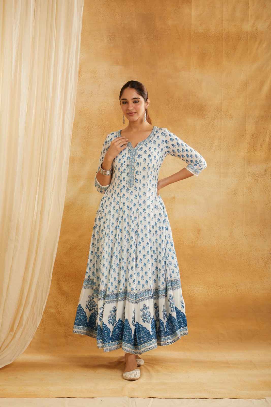 White and Blue Block Printed Anarkali Suit Set