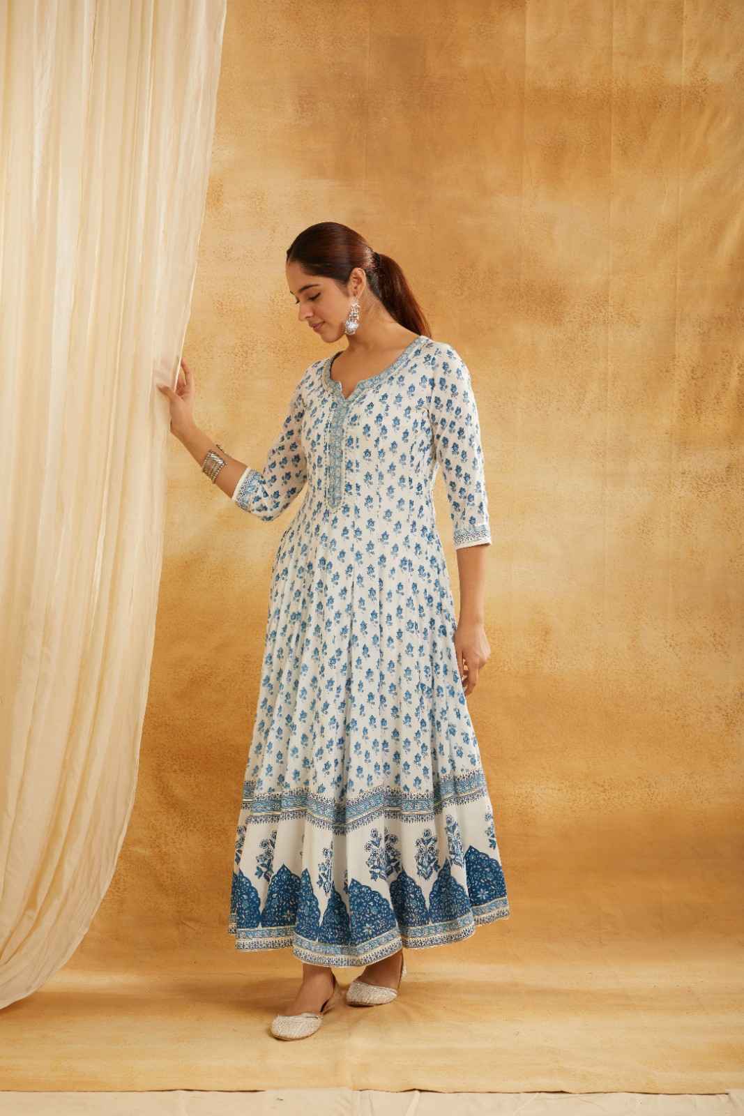 White and Blue Block Printed Anarkali Suit Set