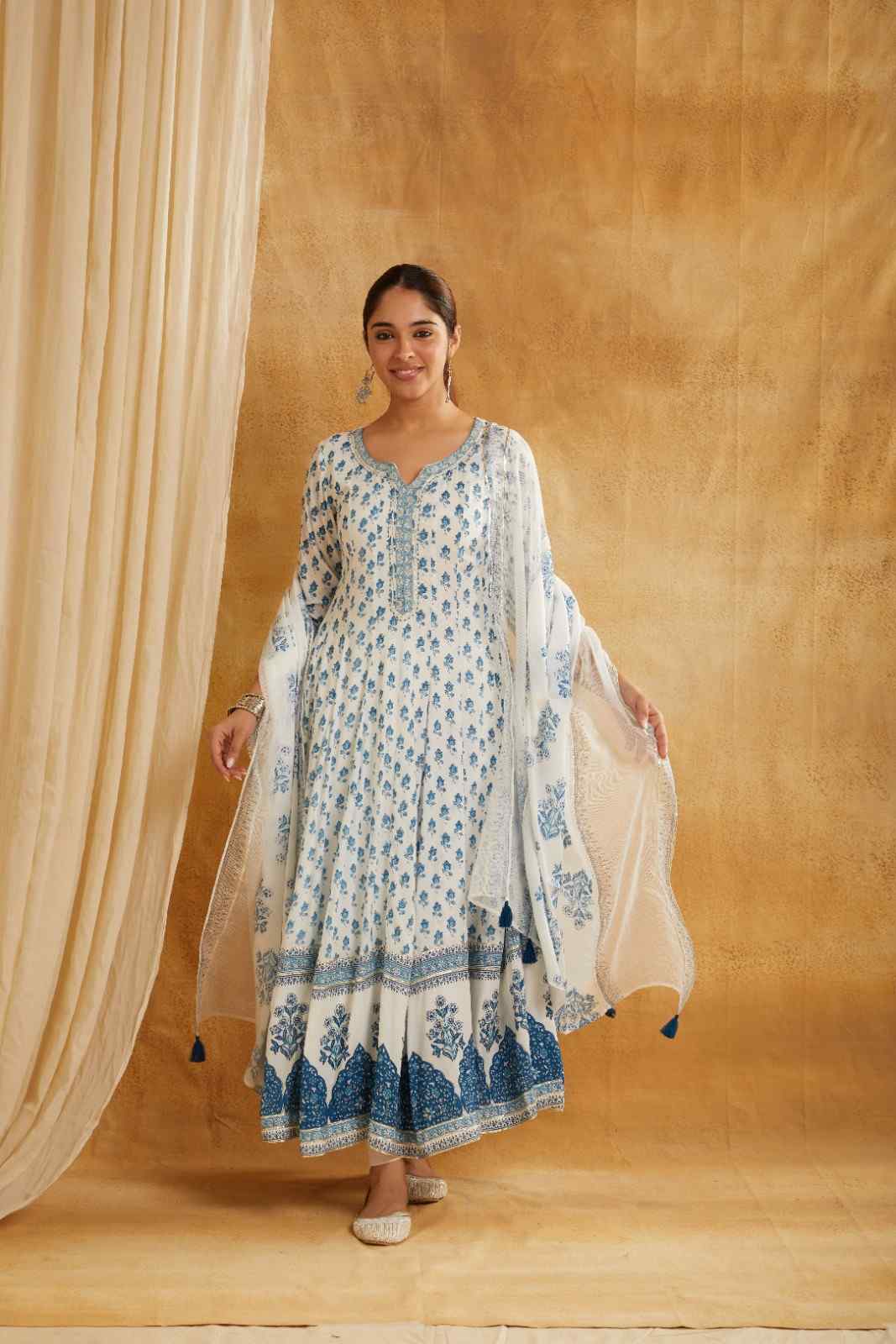 White and Blue Block Printed Anarkali Suit Set