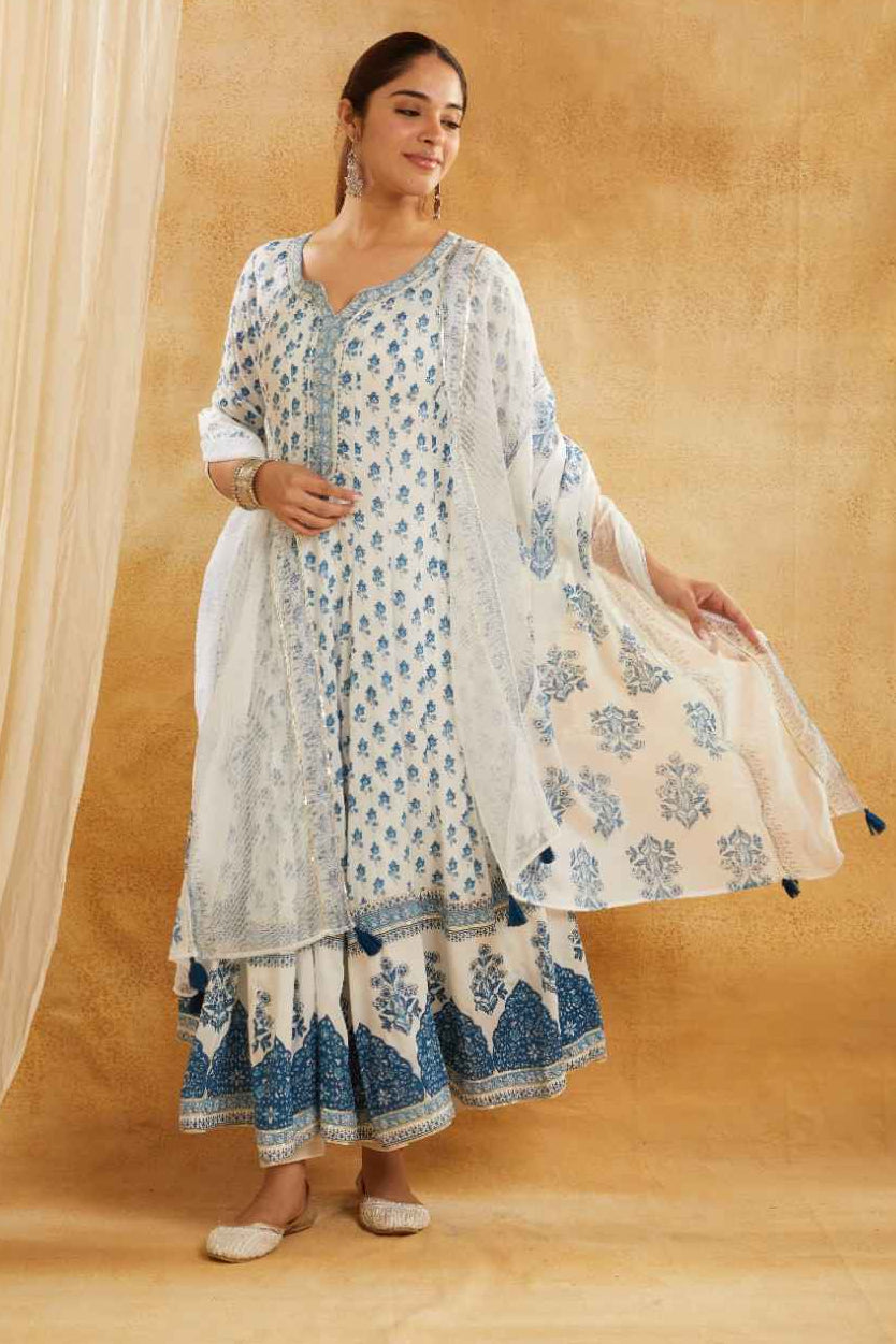 White and Blue Block Printed Anarkali Suit Set