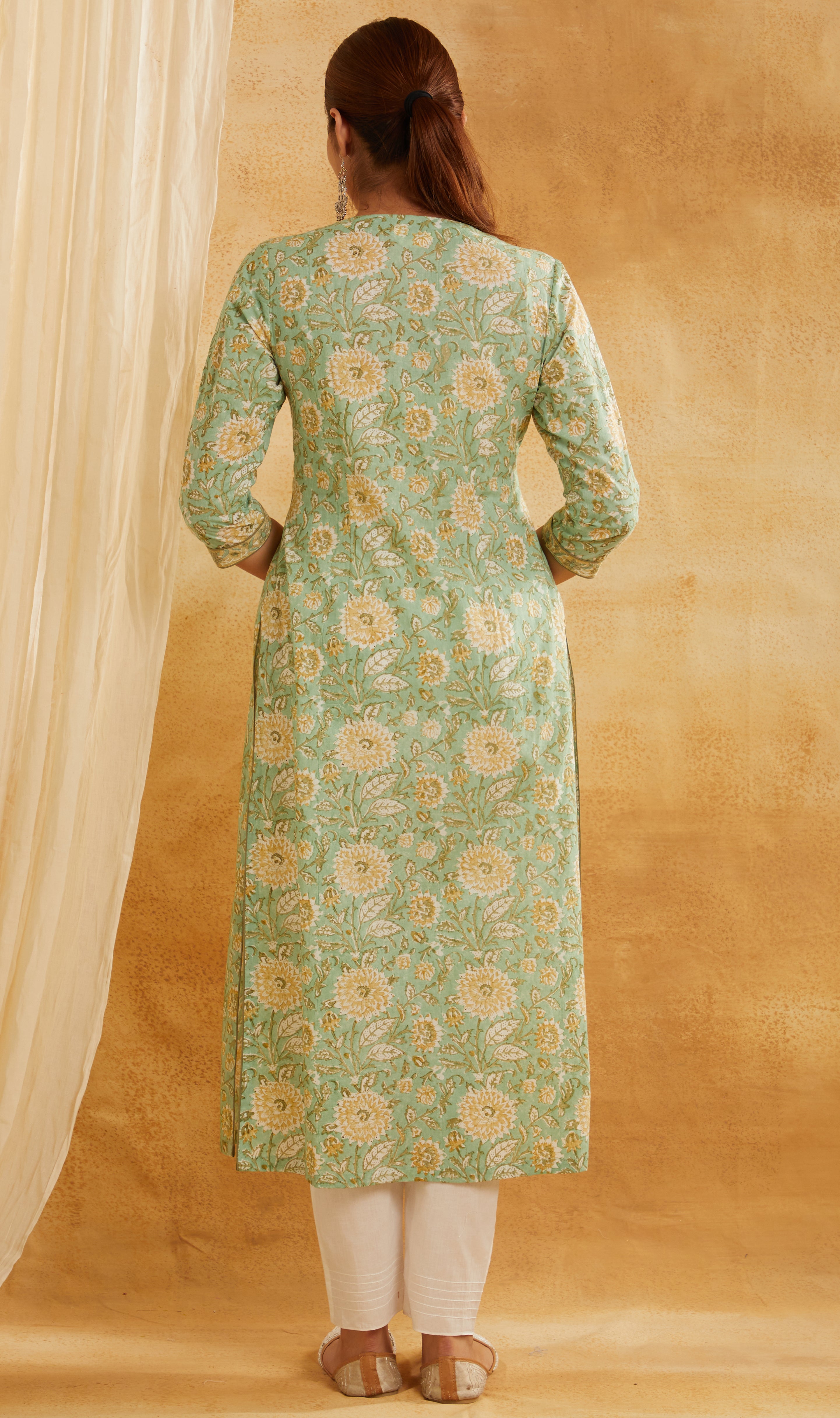 GREEN & YELLOW BLOCK PRINTED COTTON KURTA