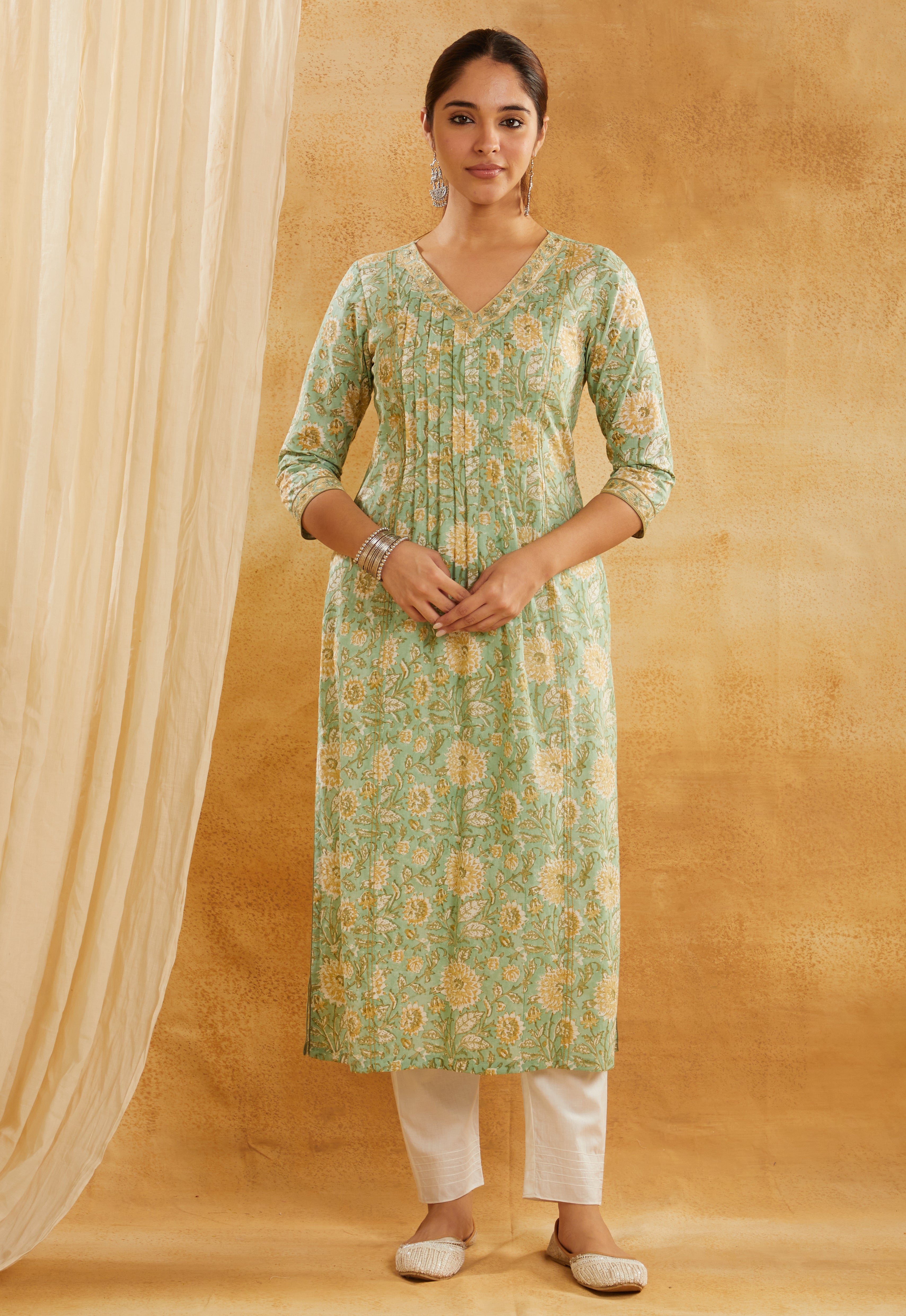GREEN & YELLOW BLOCK PRINTED COTTON KURTA
