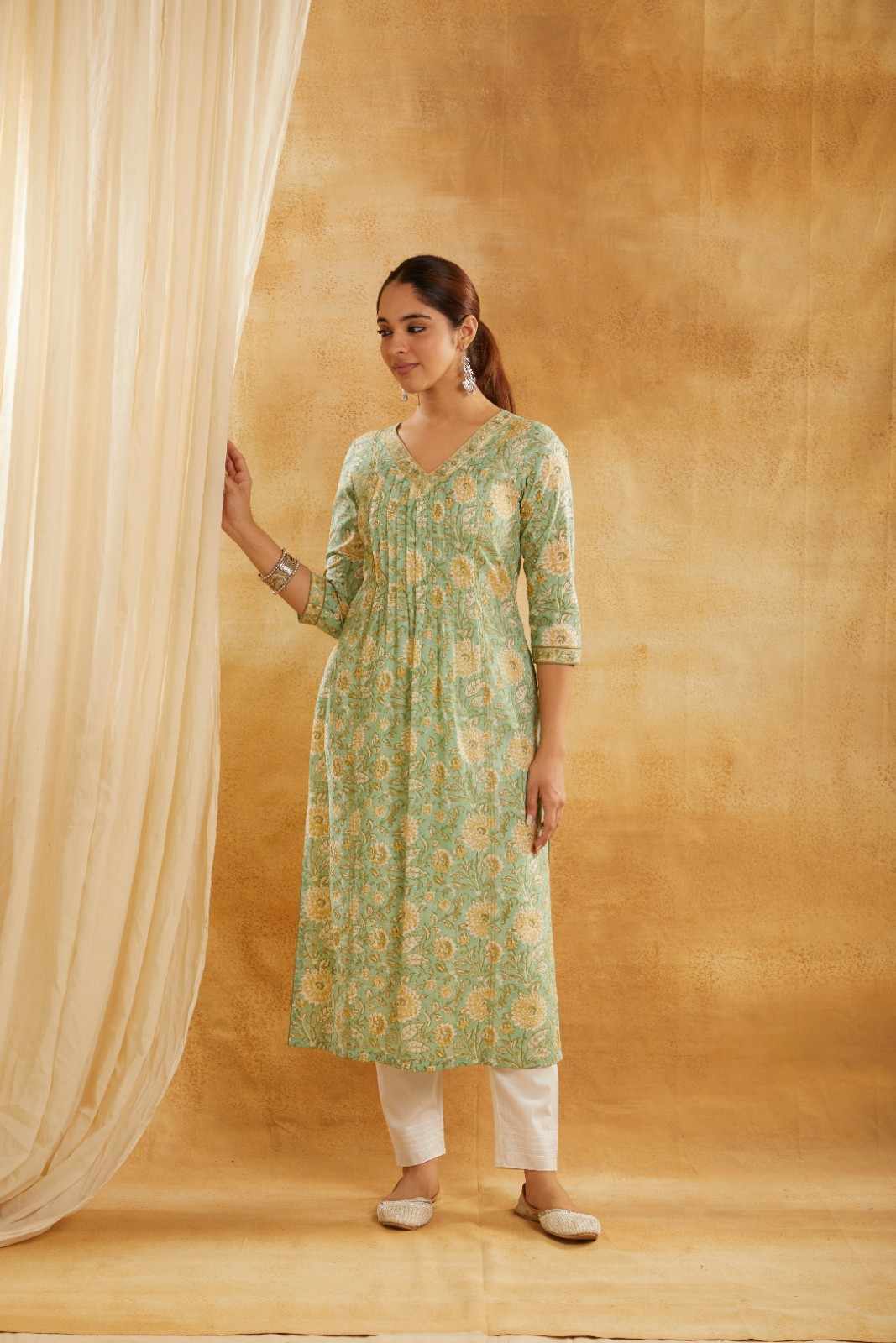 Green and Yellow Block Printed Cotton Kurta