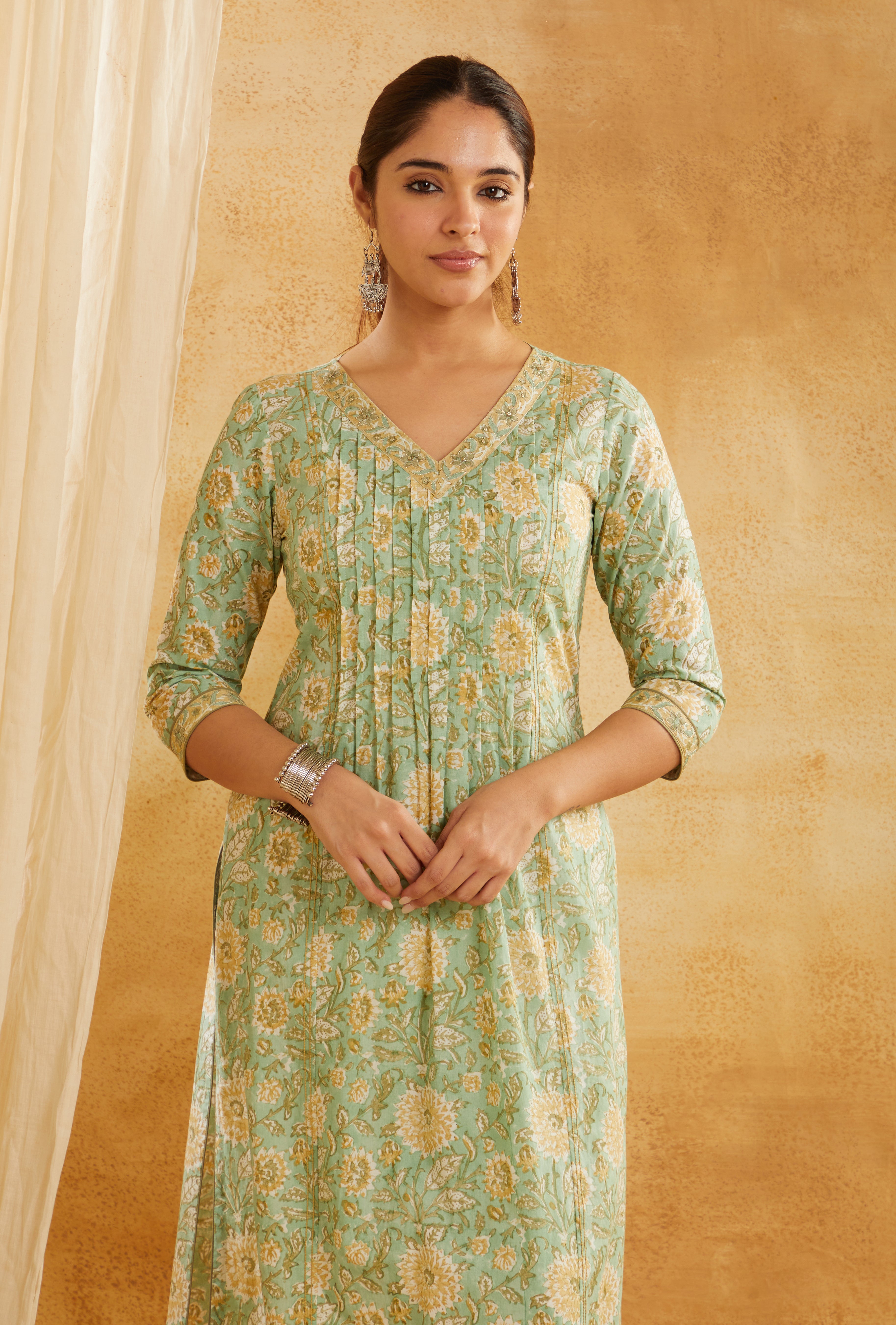 GREEN & YELLOW BLOCK PRINTED COTTON KURTA