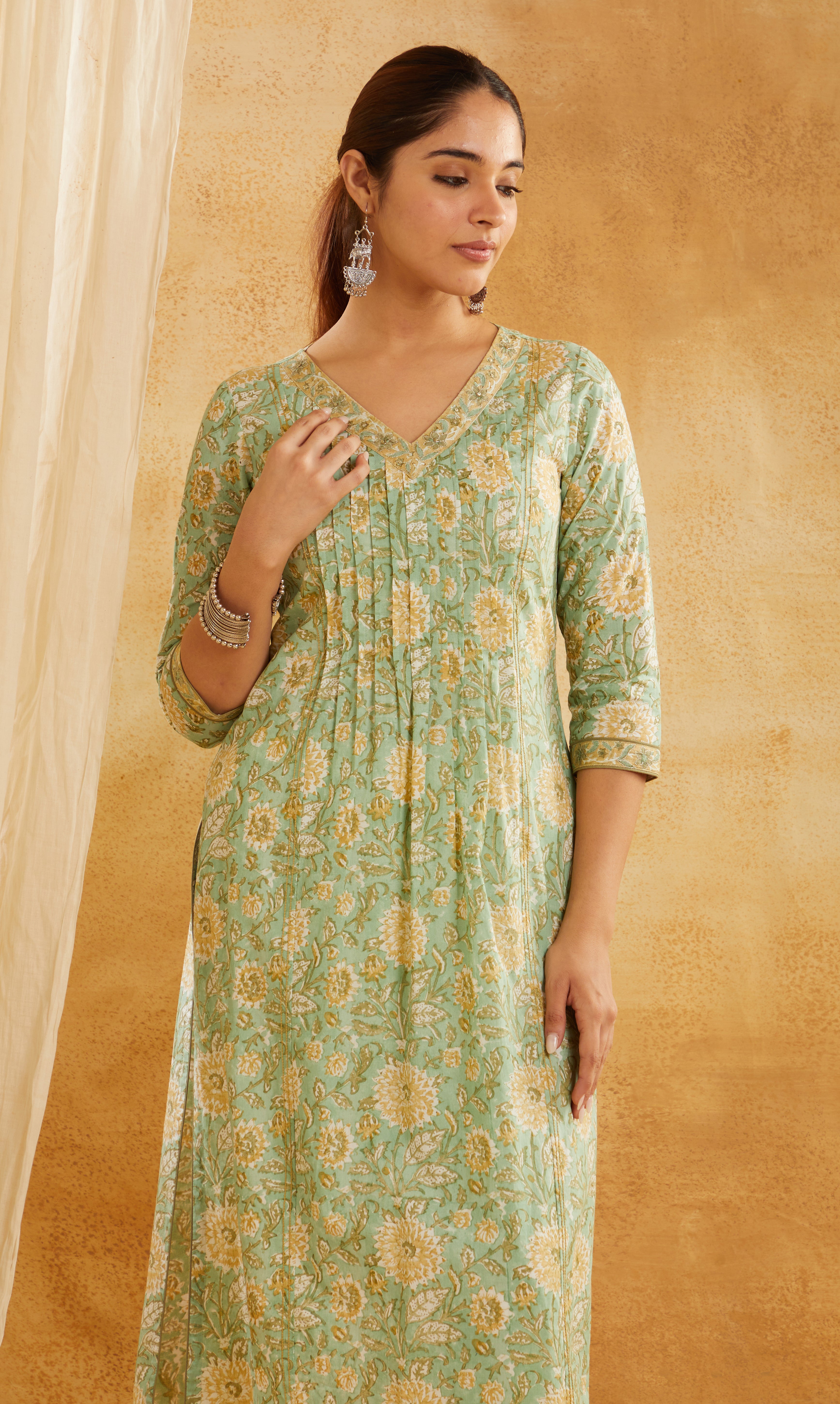 GREEN & YELLOW BLOCK PRINTED COTTON KURTA