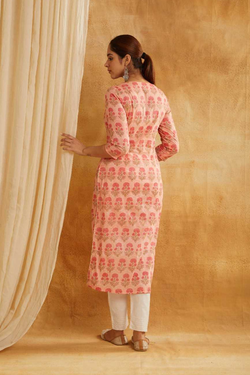 Peach Block Printed and Embroidered Cotton Kurta