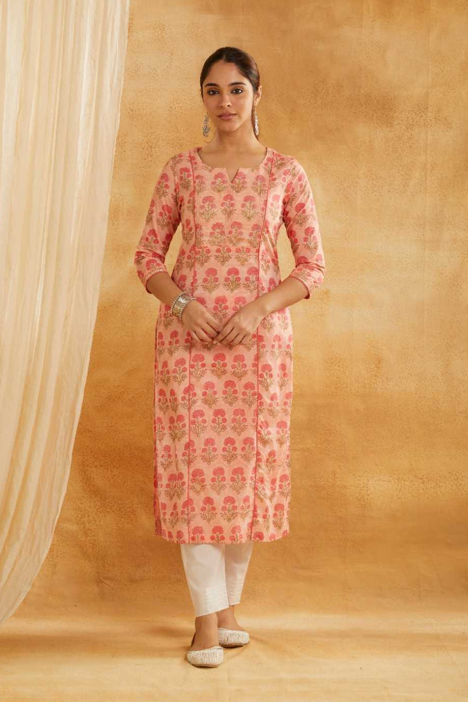 Peach Block Printed and Embroidered Cotton Kurta