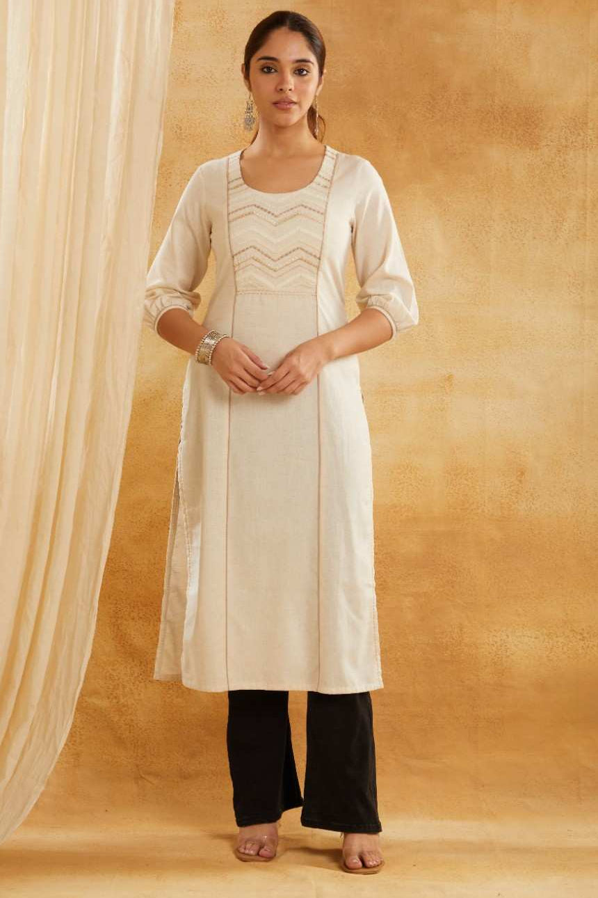 Solid Ivory Embroidered Kurta