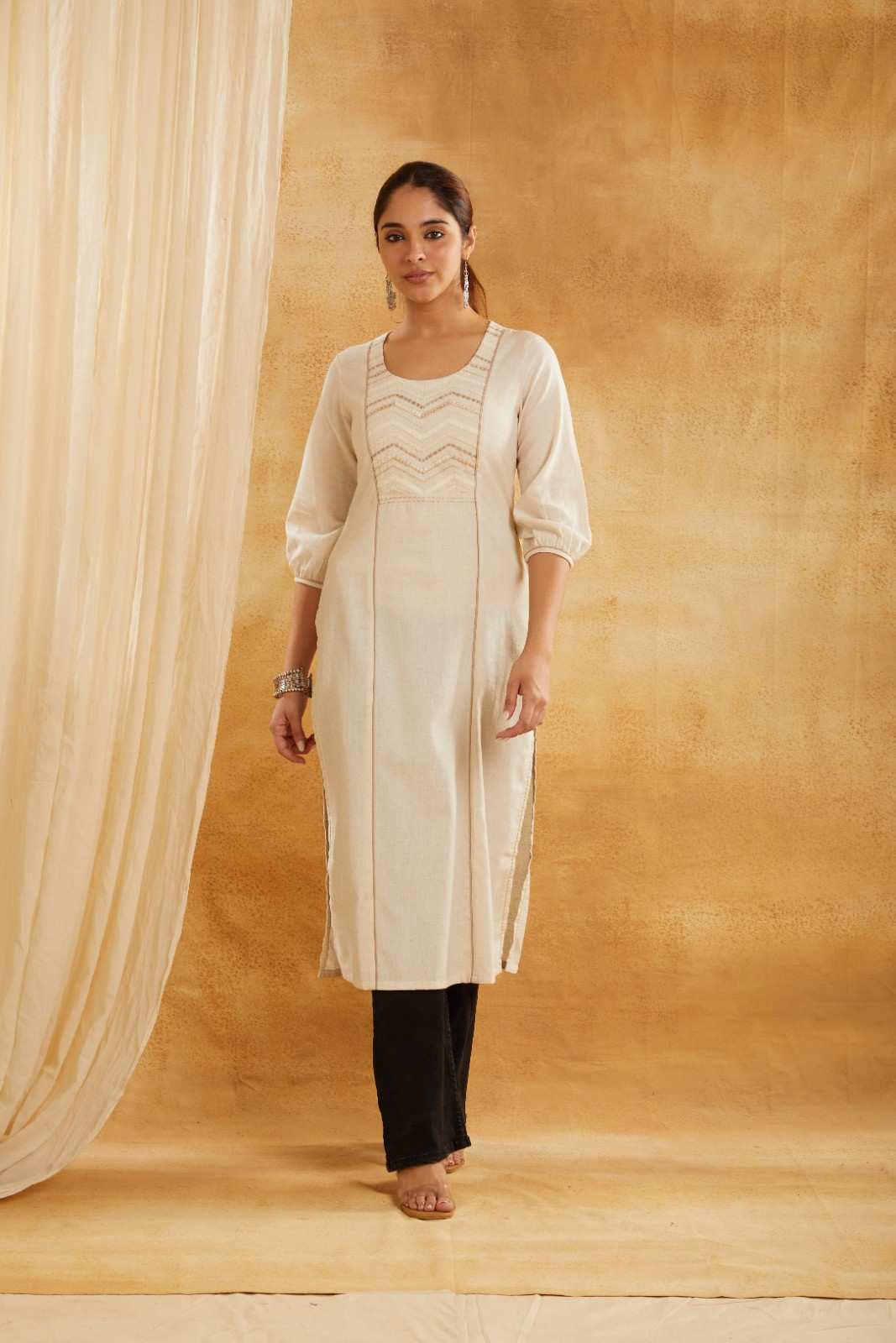 Solid Ivory Embroidered Kurta