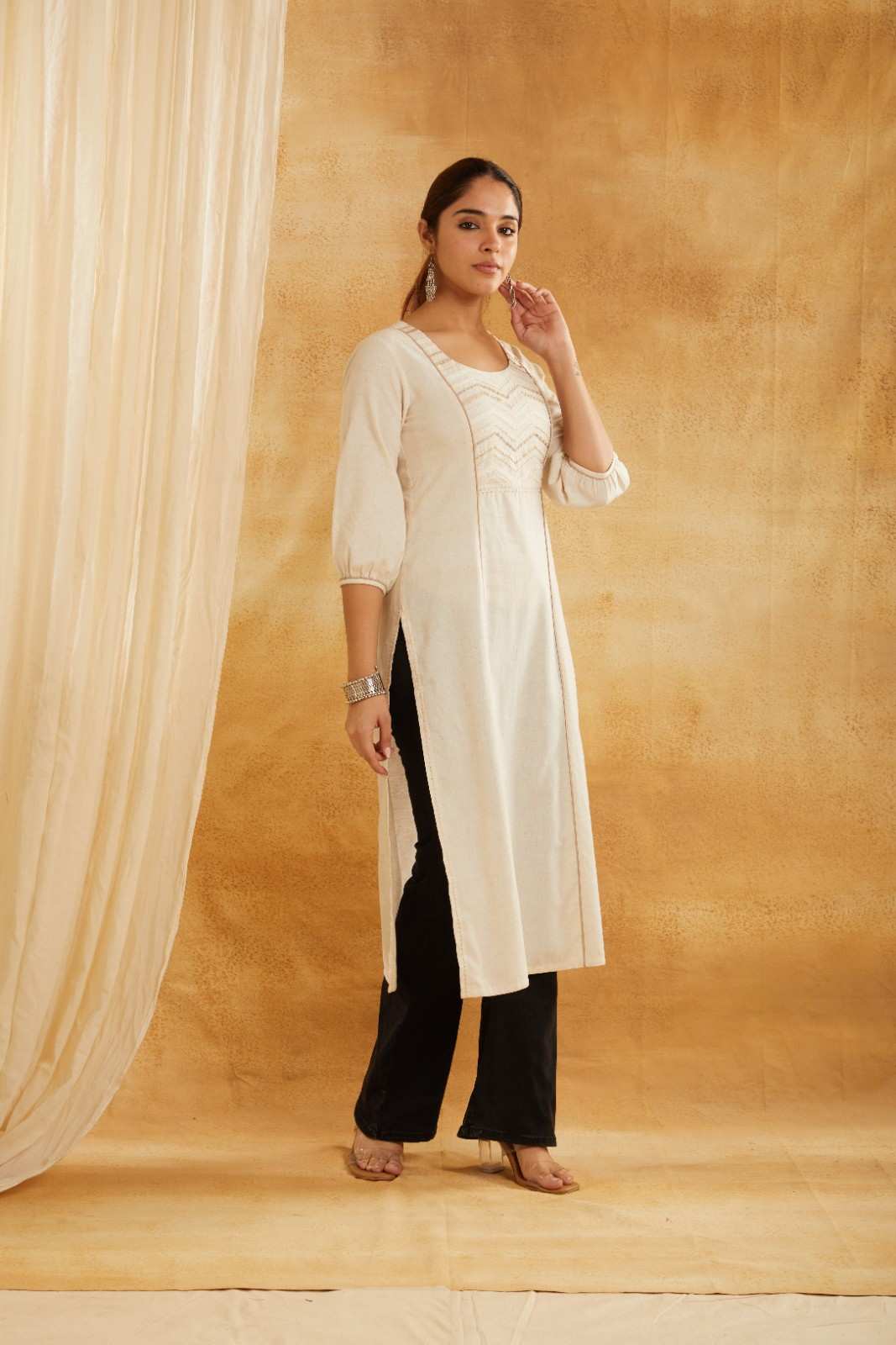 Solid Ivory Embroidered Kurta