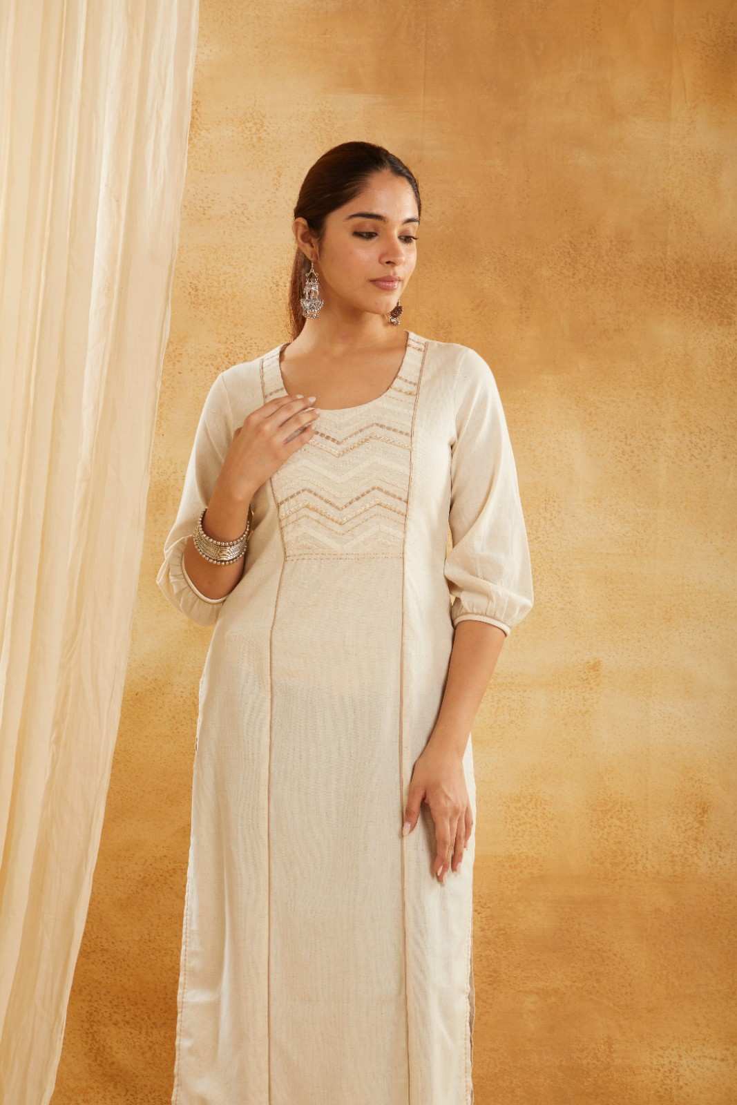 Solid Ivory Embroidered Kurta