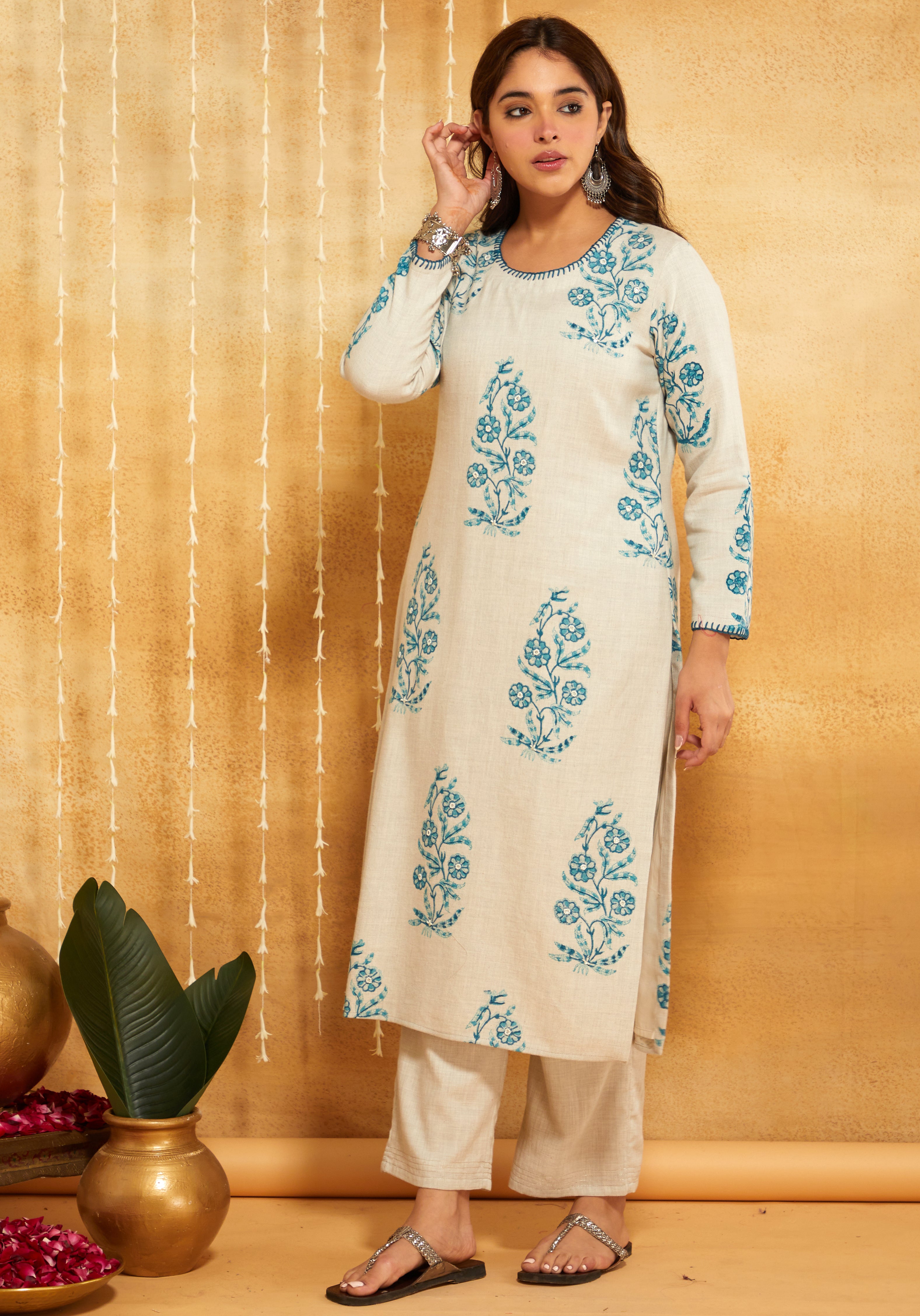 Turquoise Block Printed & Embroidered Kurta Pant Set