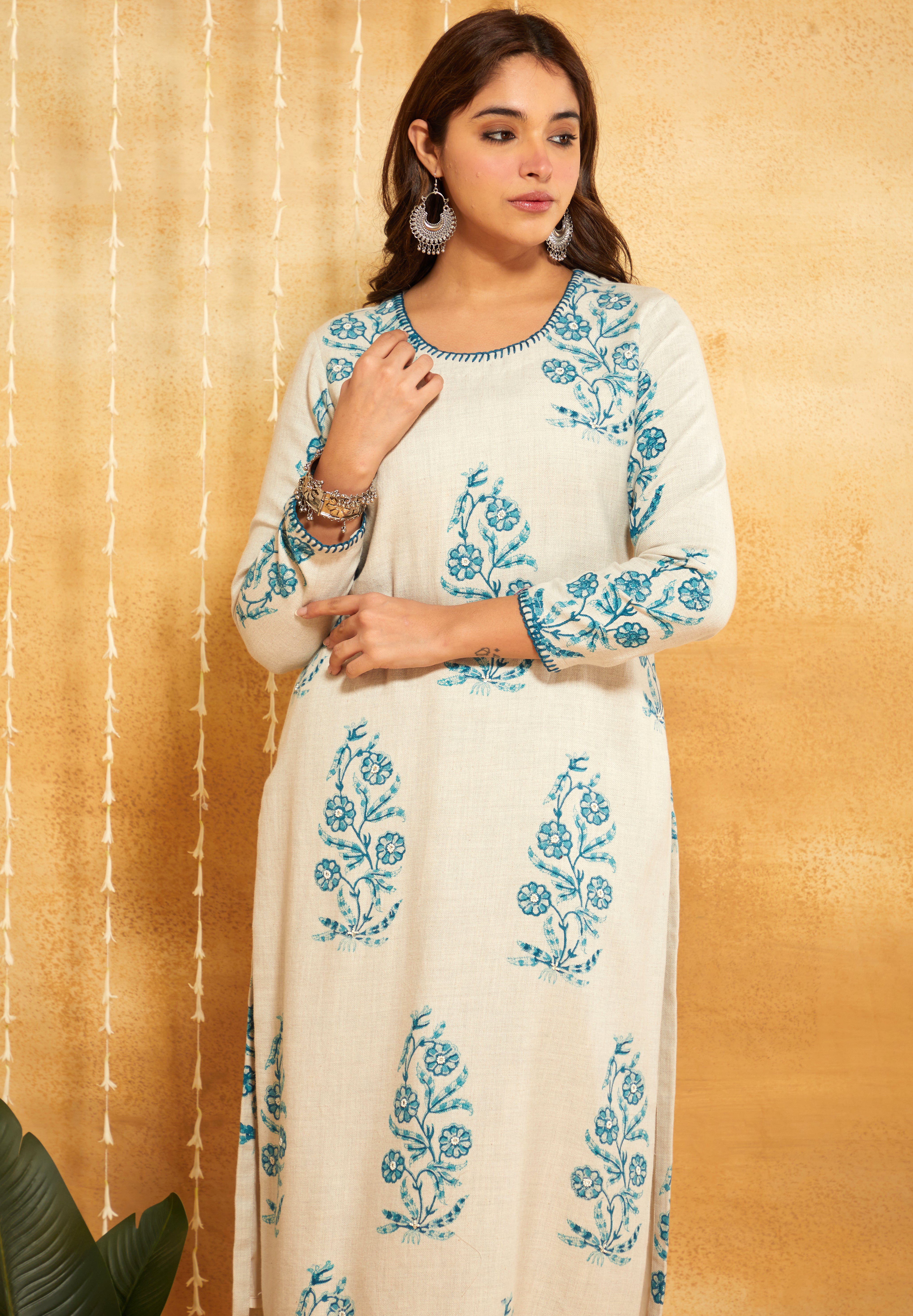 Turquoise Block Printed & Embroidered Kurta Pant Set