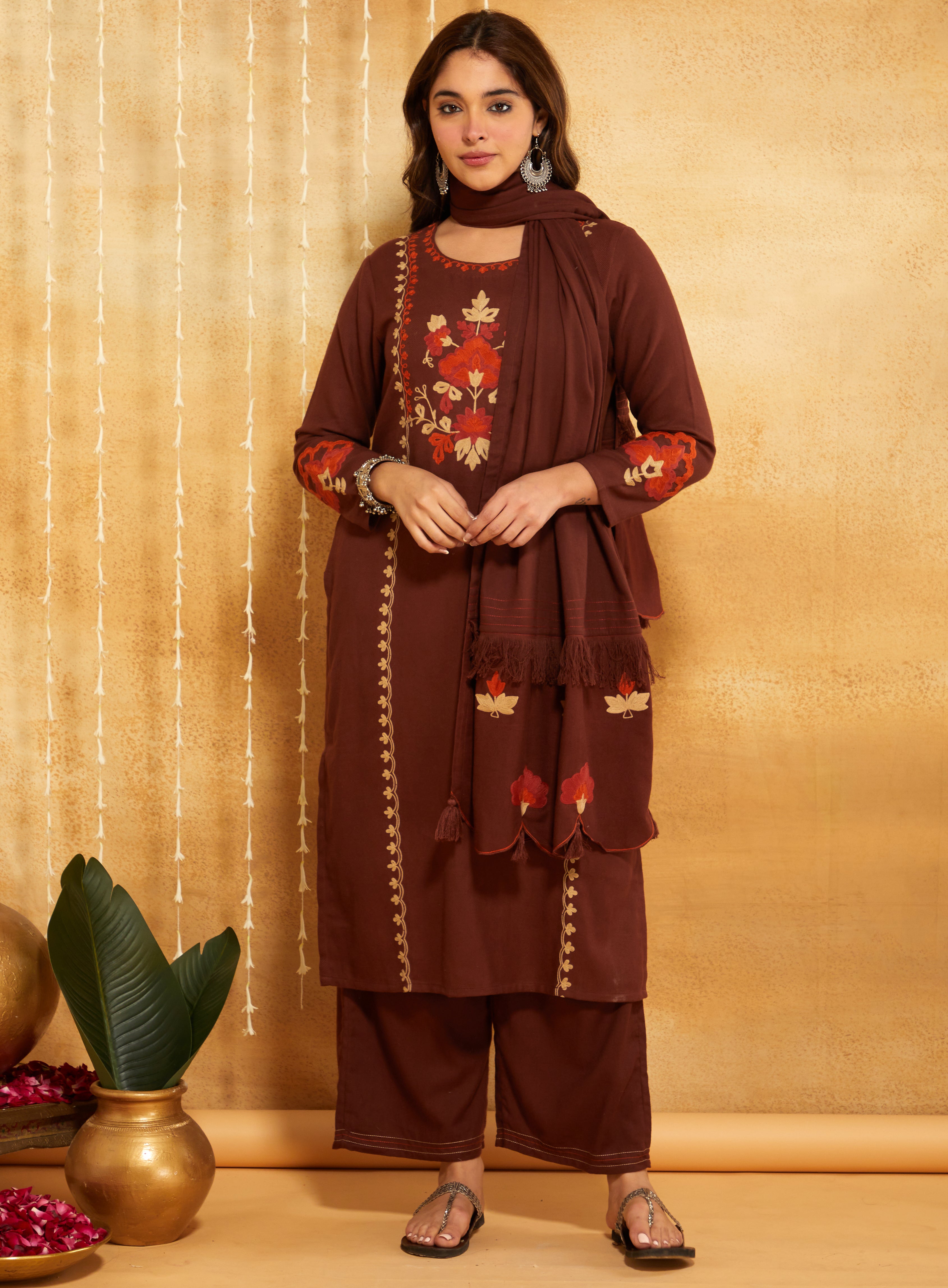 Coffee Brown Aari Embroidered Woolen Suit Set