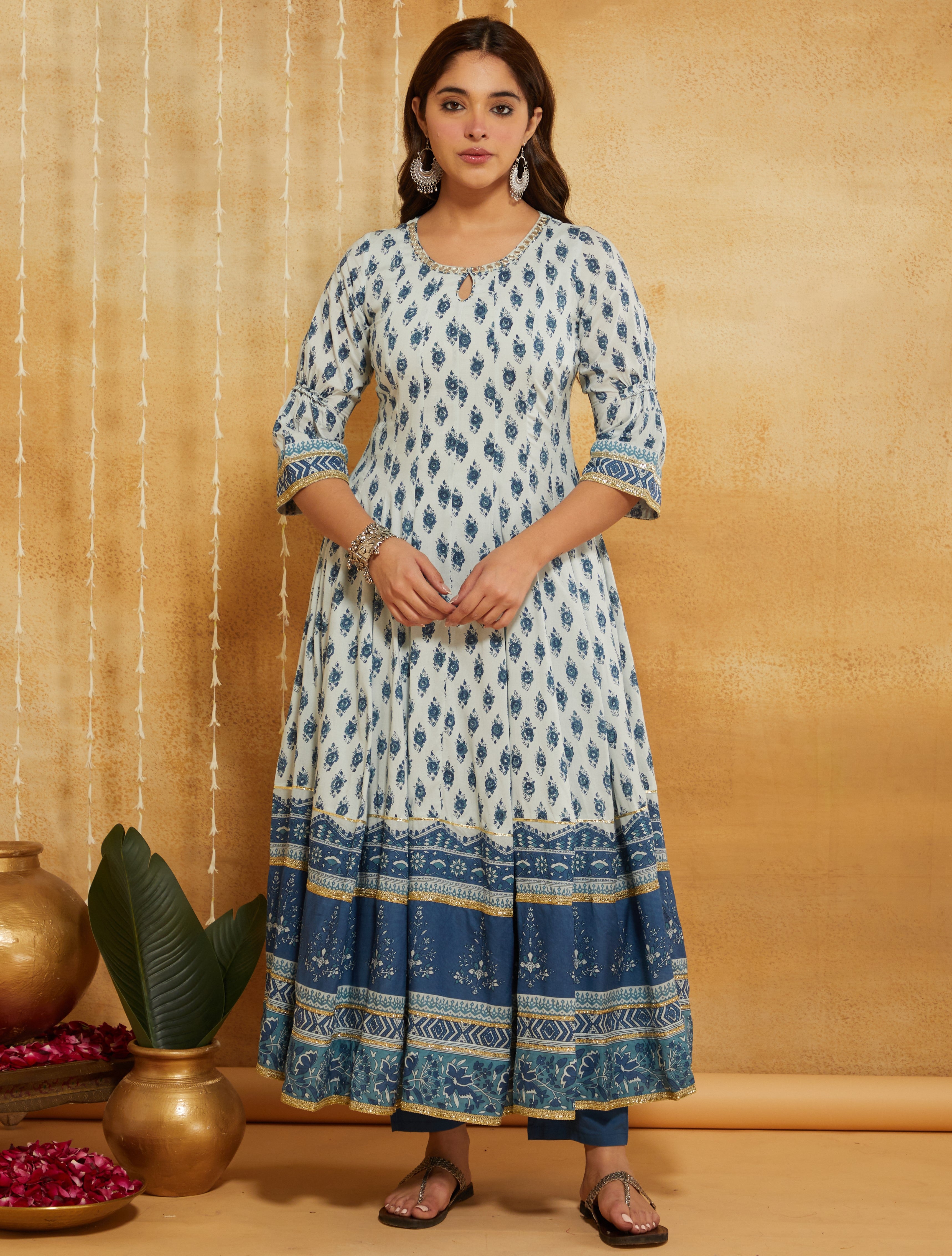 Manjari Indigo Hand Block Printed Anarkali Suit Set