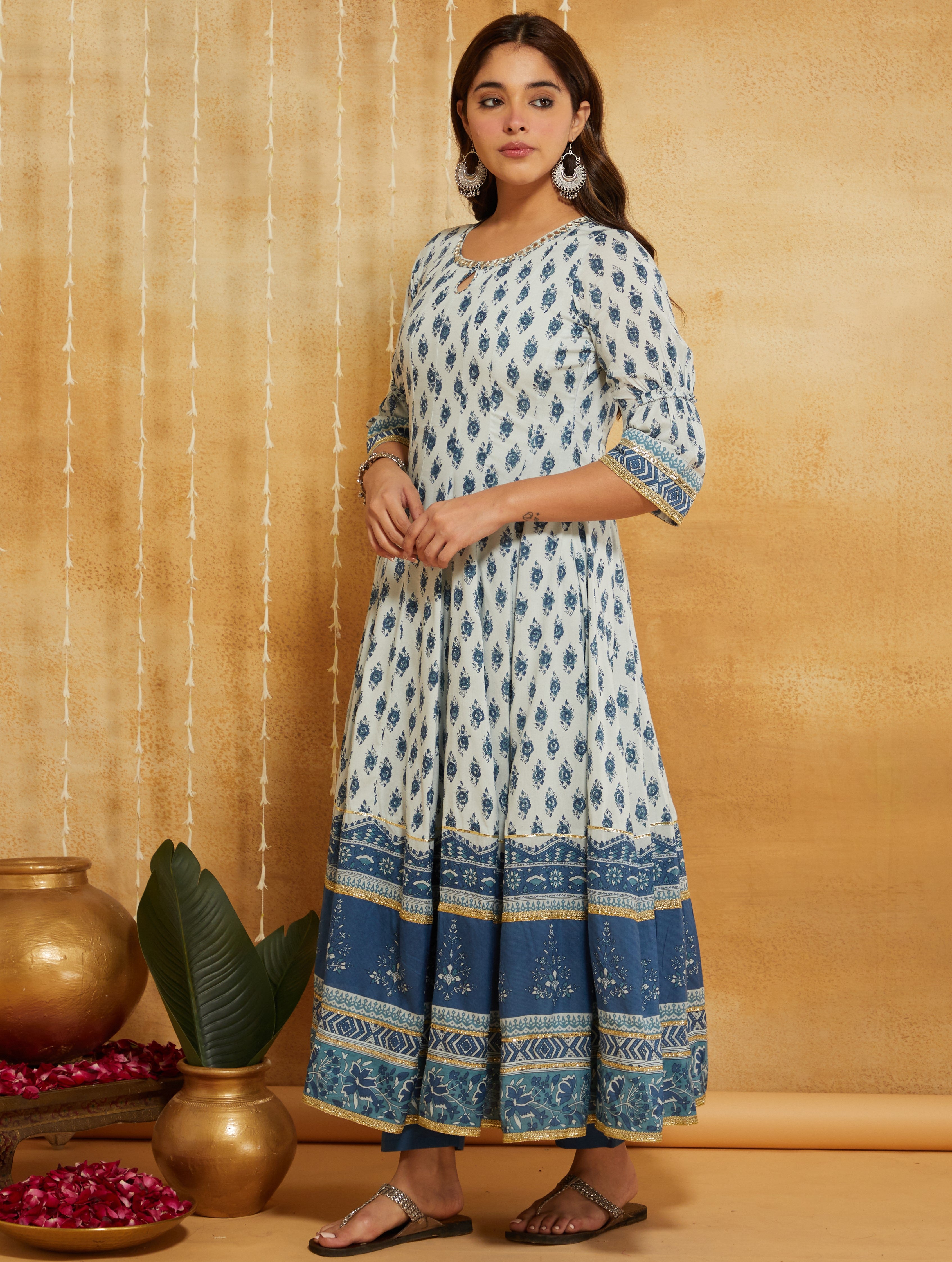 Manjari Indigo Hand Block Printed Anarkali Suit Set