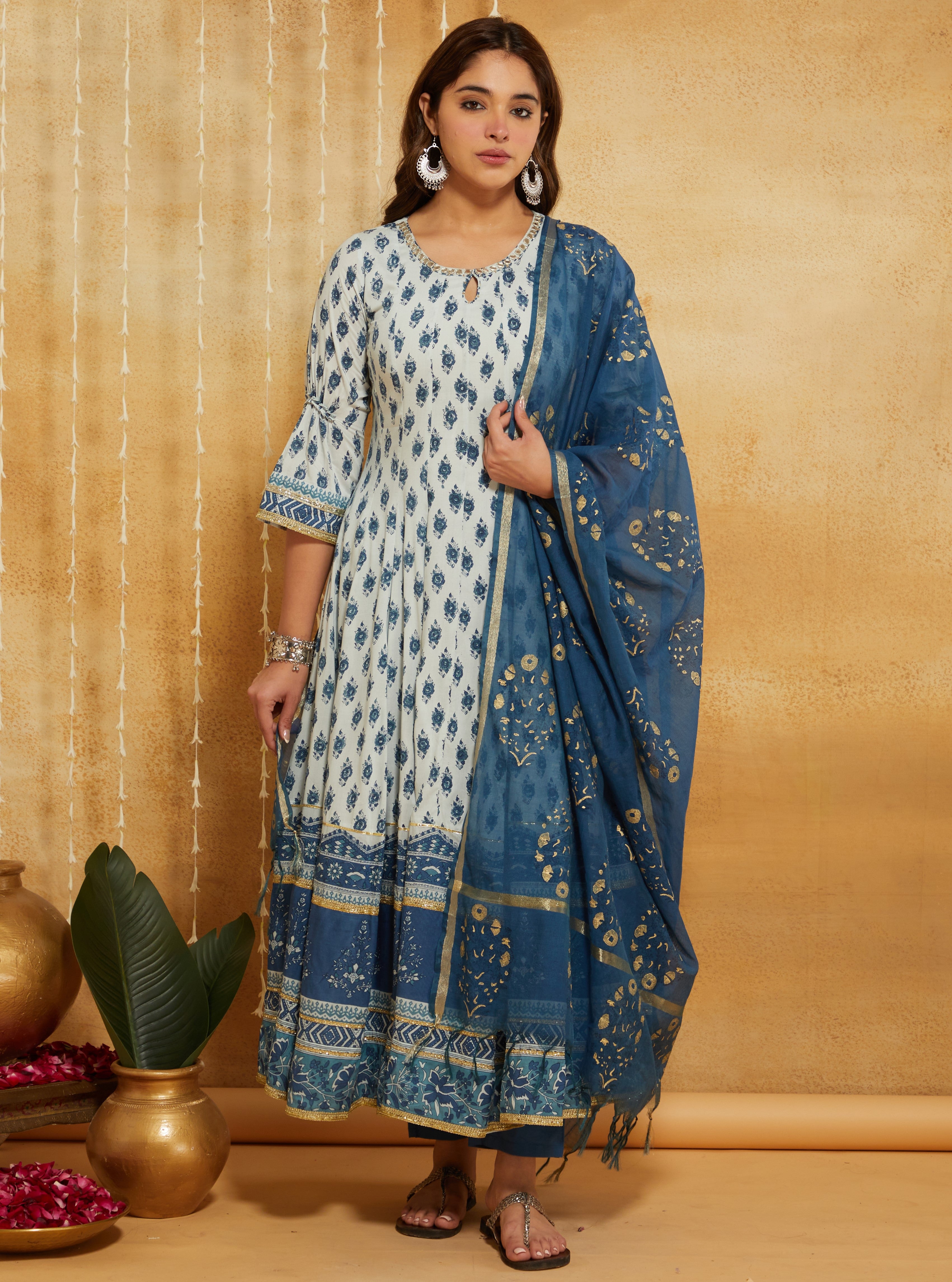 Manjari Indigo Hand Block Printed Anarkali Suit Set
