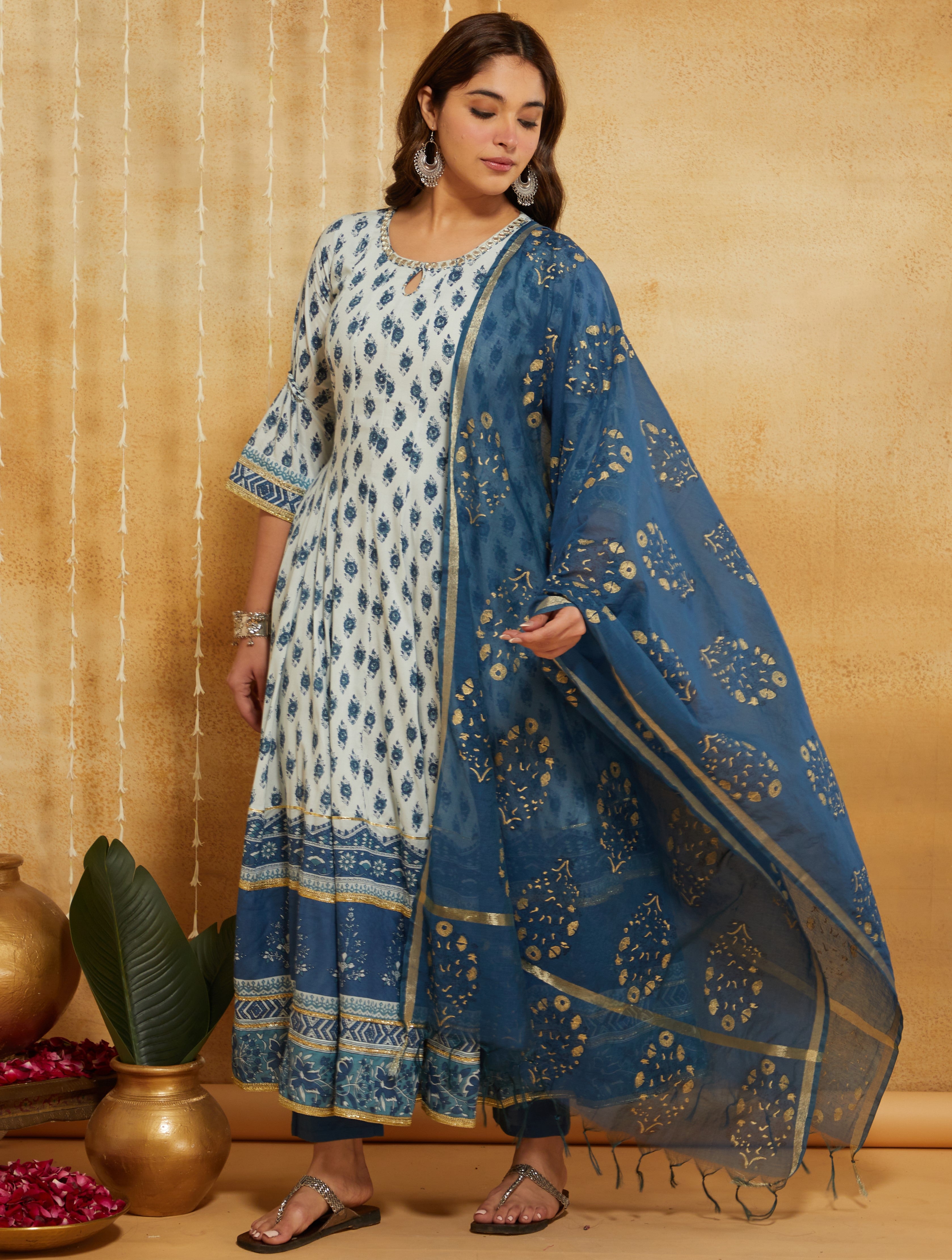 Manjari Indigo Hand Block Printed Anarkali Suit Set
