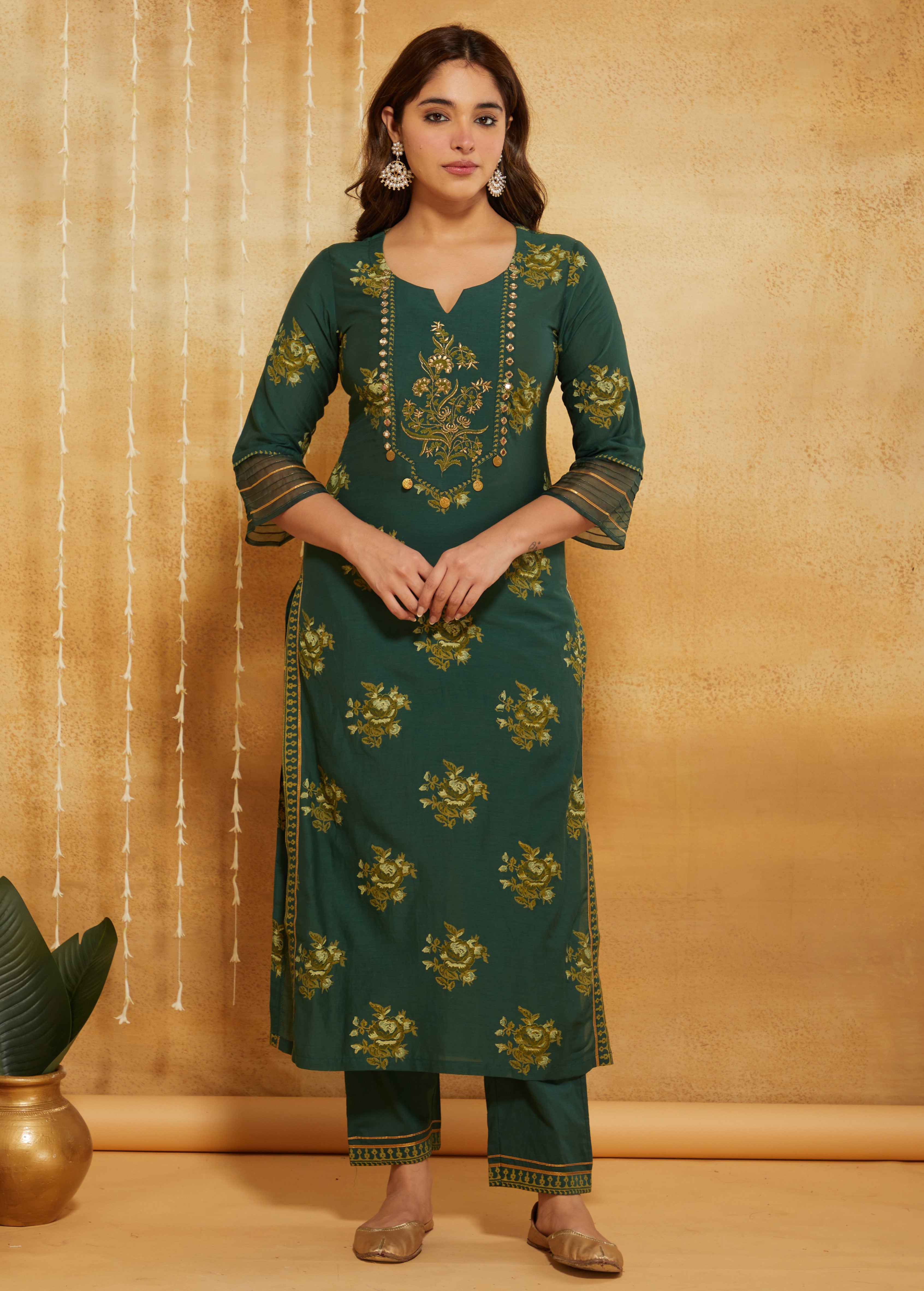 BOTTLE GREEN COTTON SILK MIRROR SUIT SET