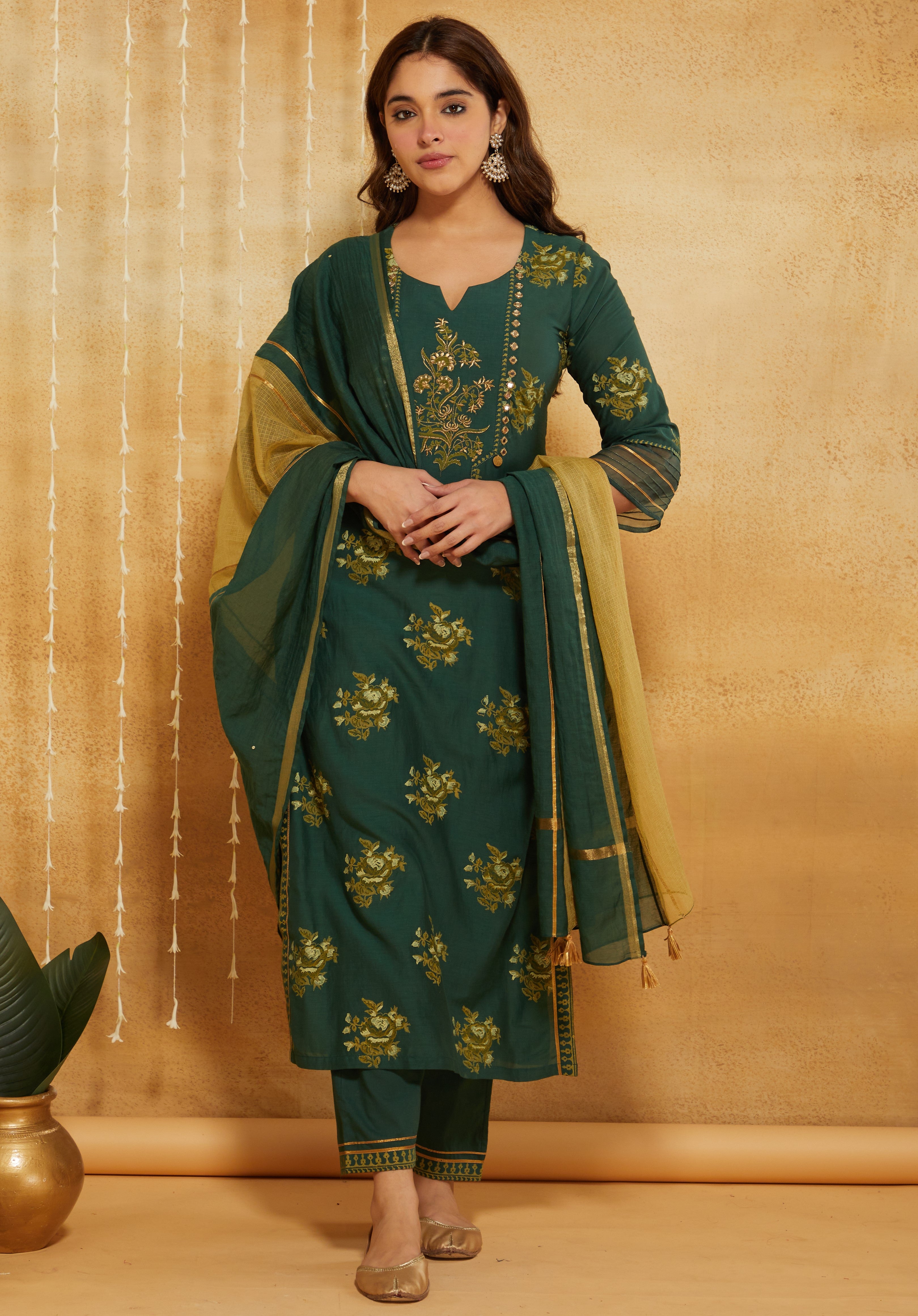 BOTTLE GREEN COTTON SILK MIRROR SUIT SET