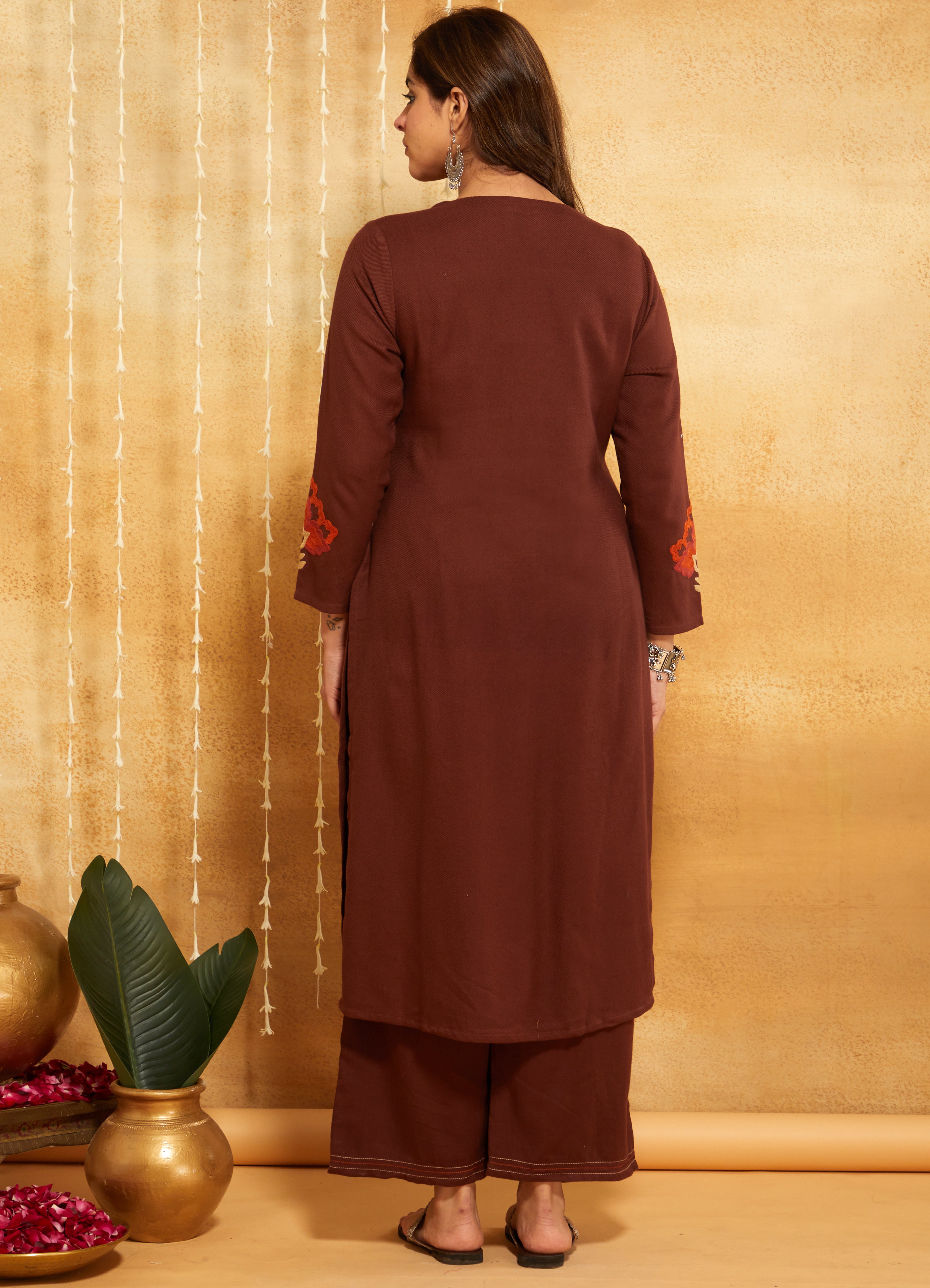 Coffee Brown Aari Embroidered Woolen Suit Set