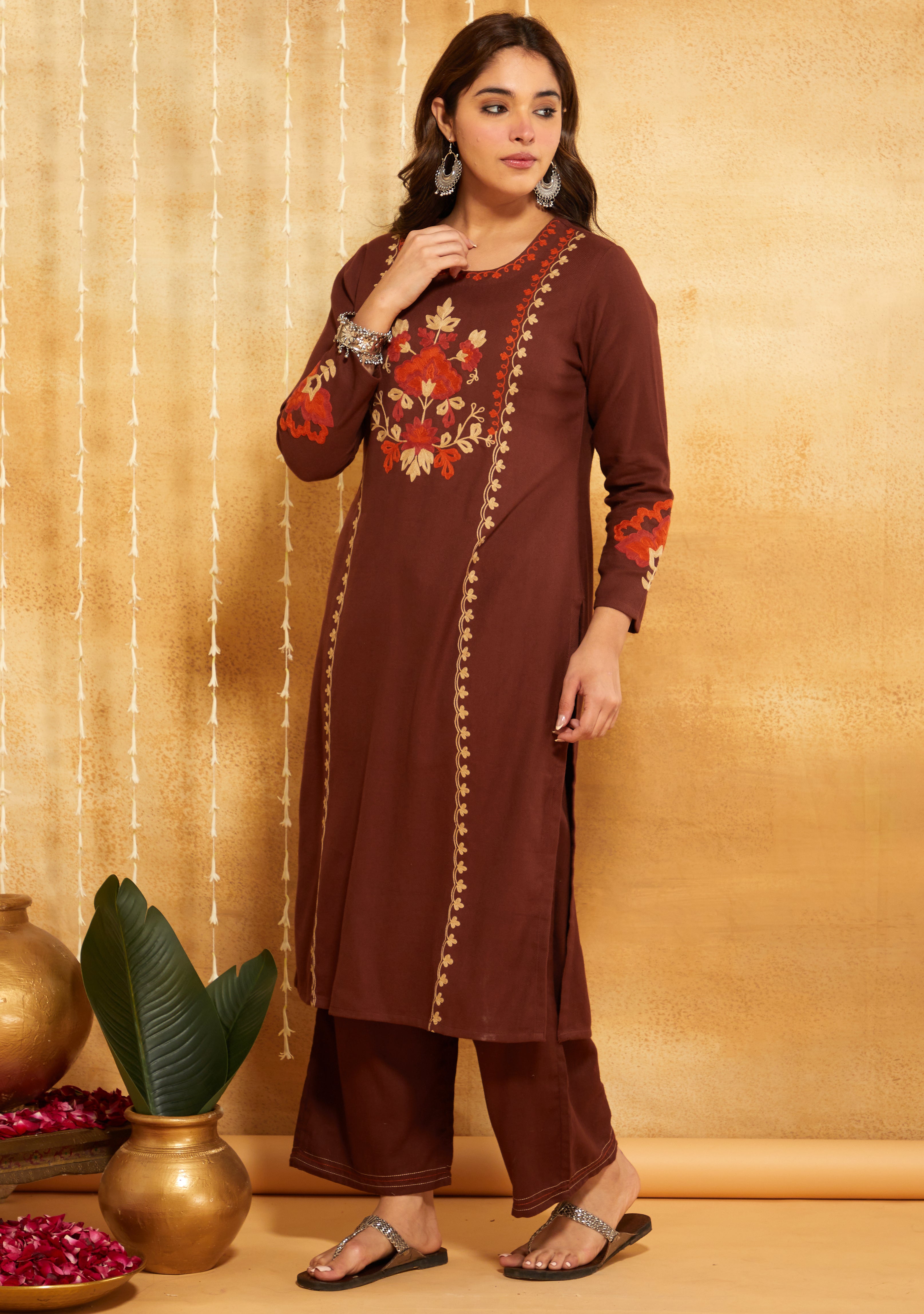 Coffee Brown Aari Embroidered Woolen Suit Set