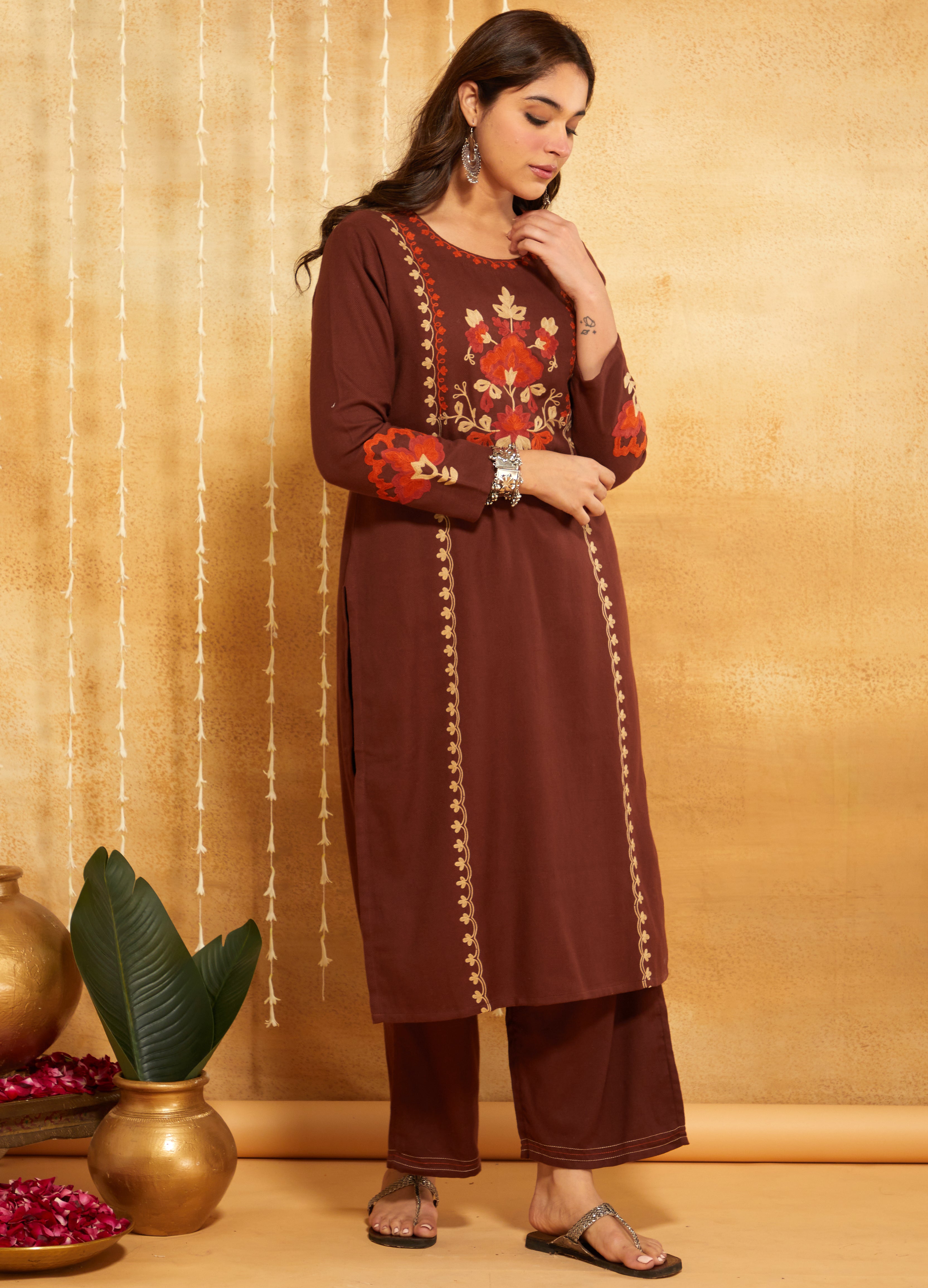 Coffee Brown Aari Embroidered Woolen Suit Set