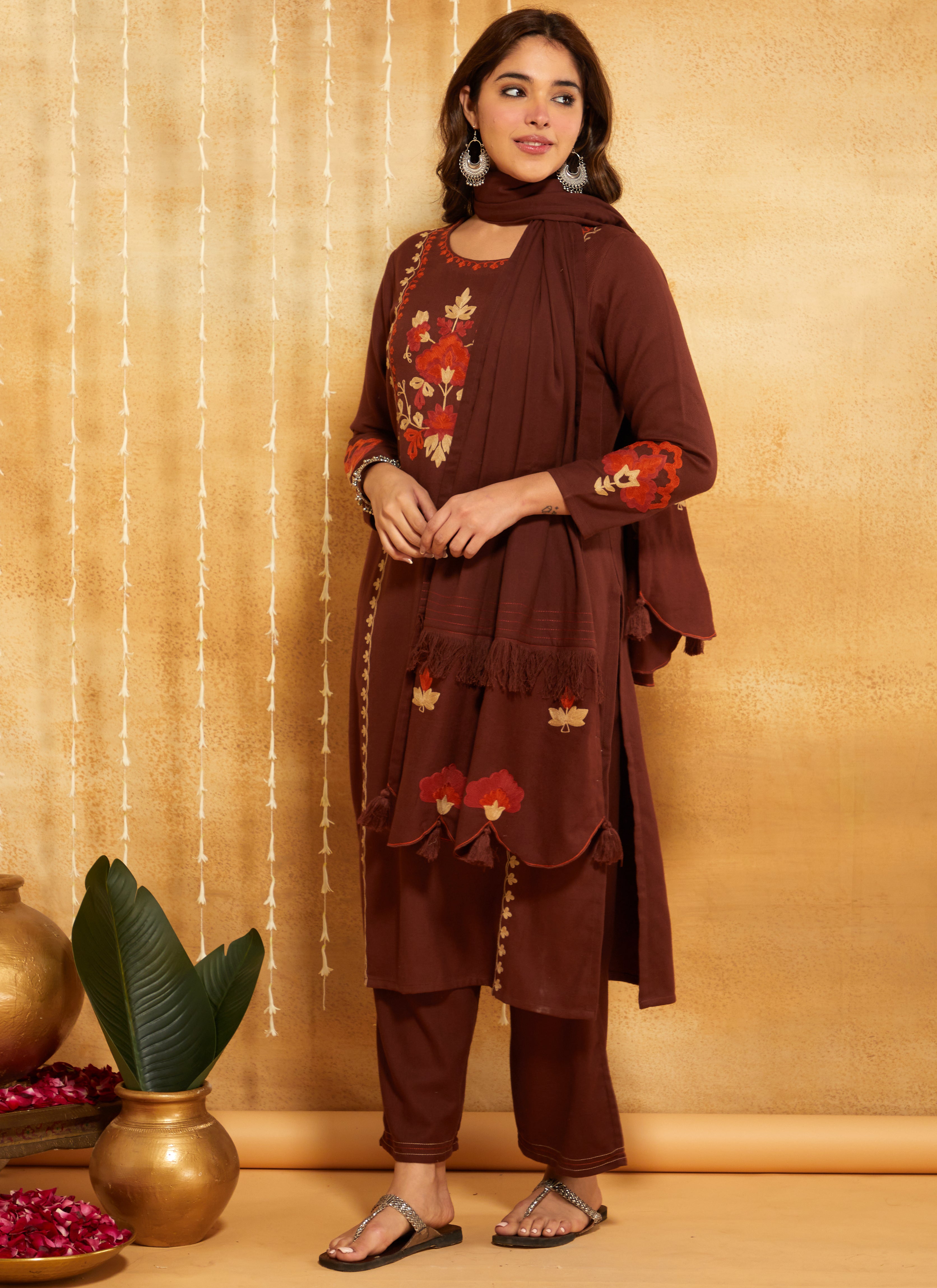 Coffee Brown Aari Embroidered Woolen Suit Set