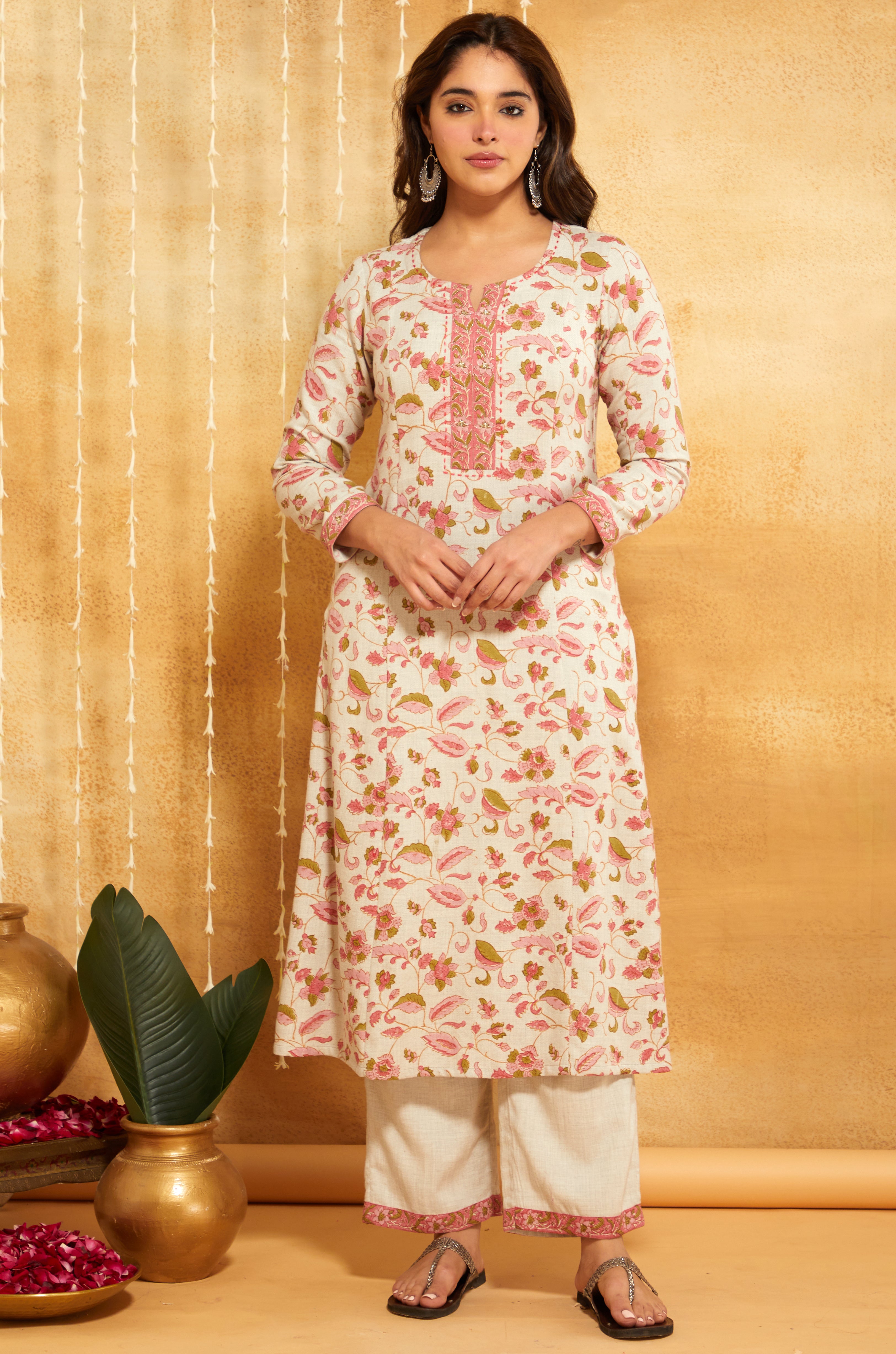 Pink Floral Block Printed & Embroidered Woolen Suit Set