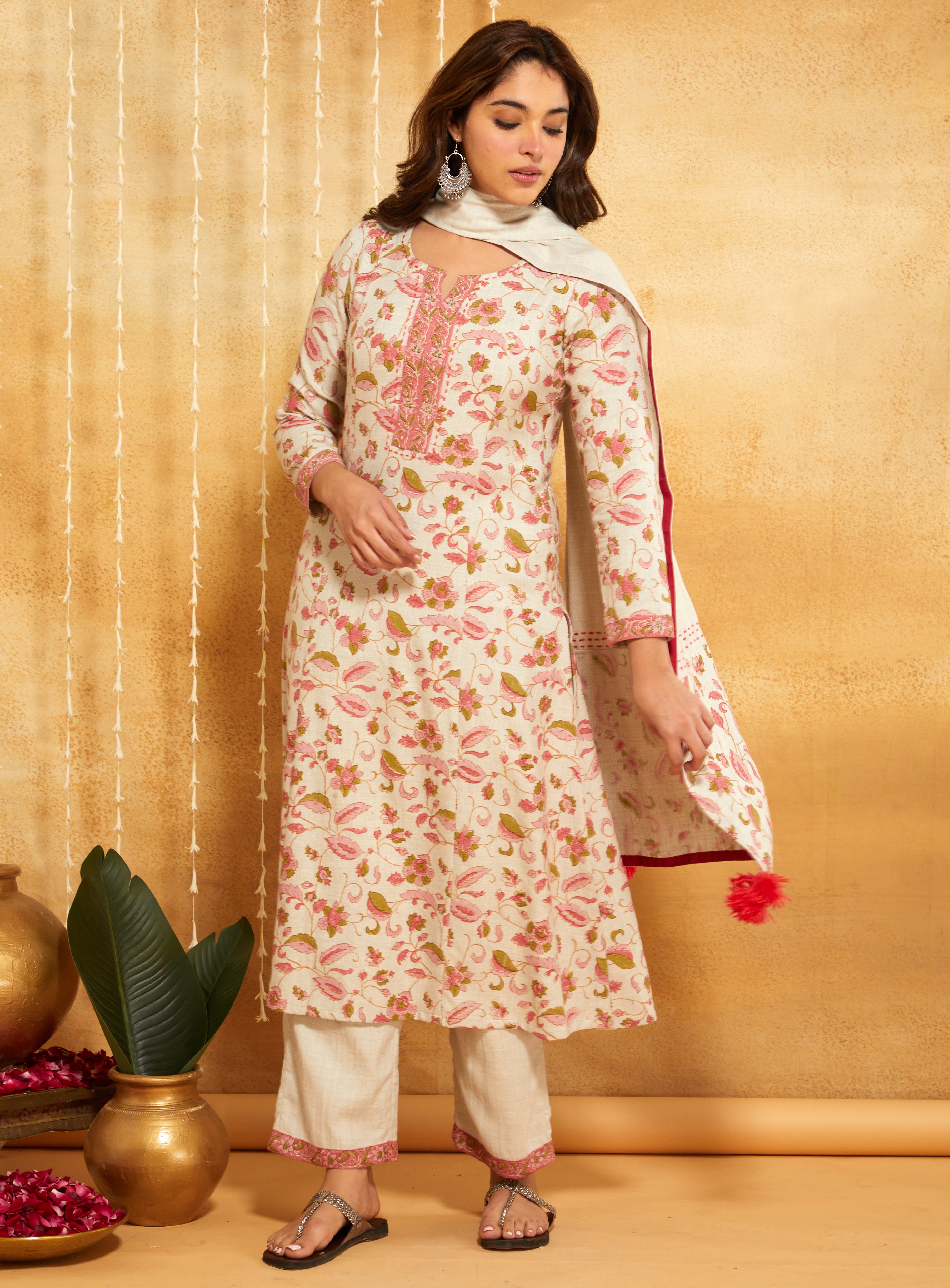 Pink Floral Block Printed & Embroidered Woolen Suit Set