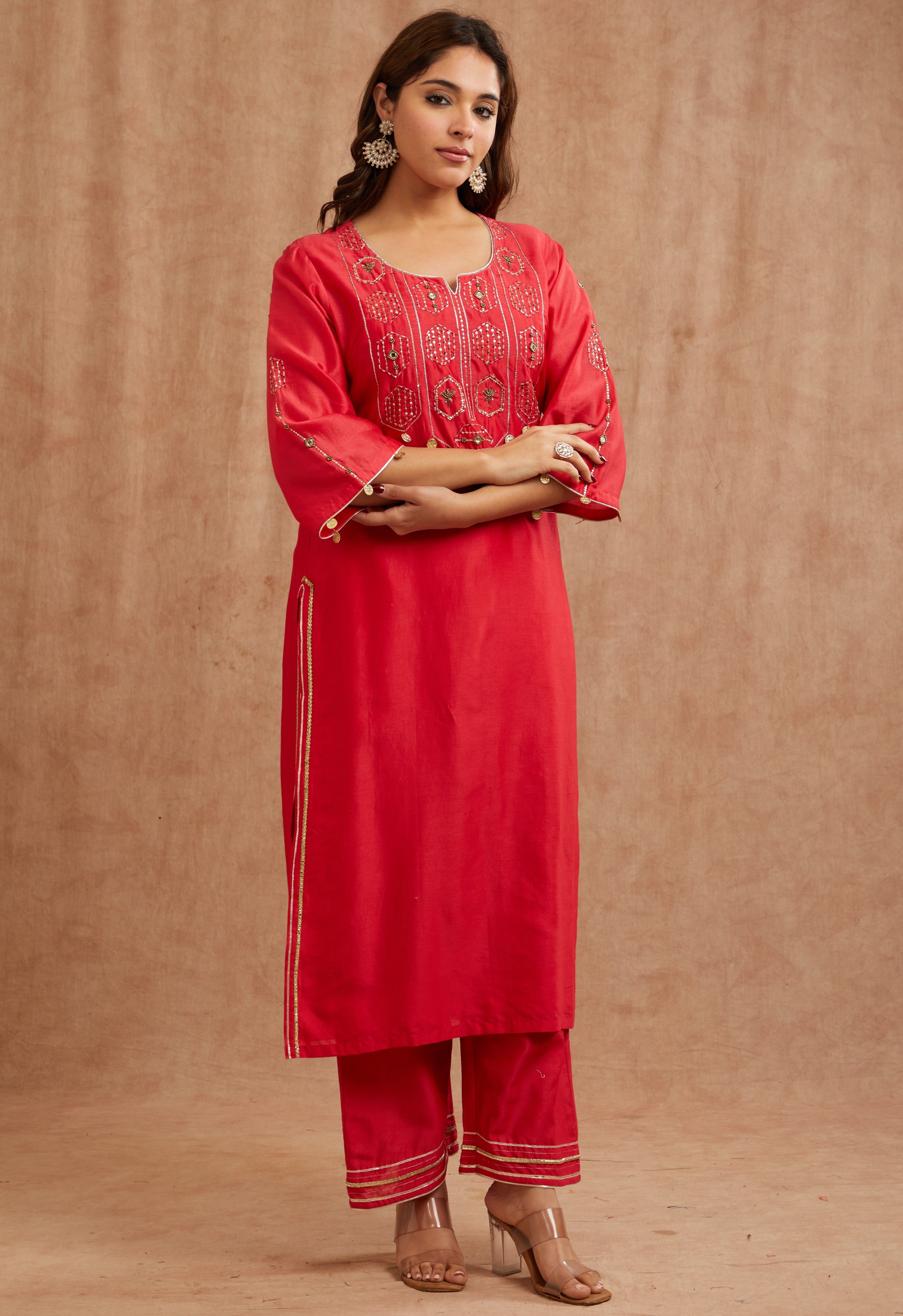 ONION PINK EMBROIDERED CHANDERI SUIT SET