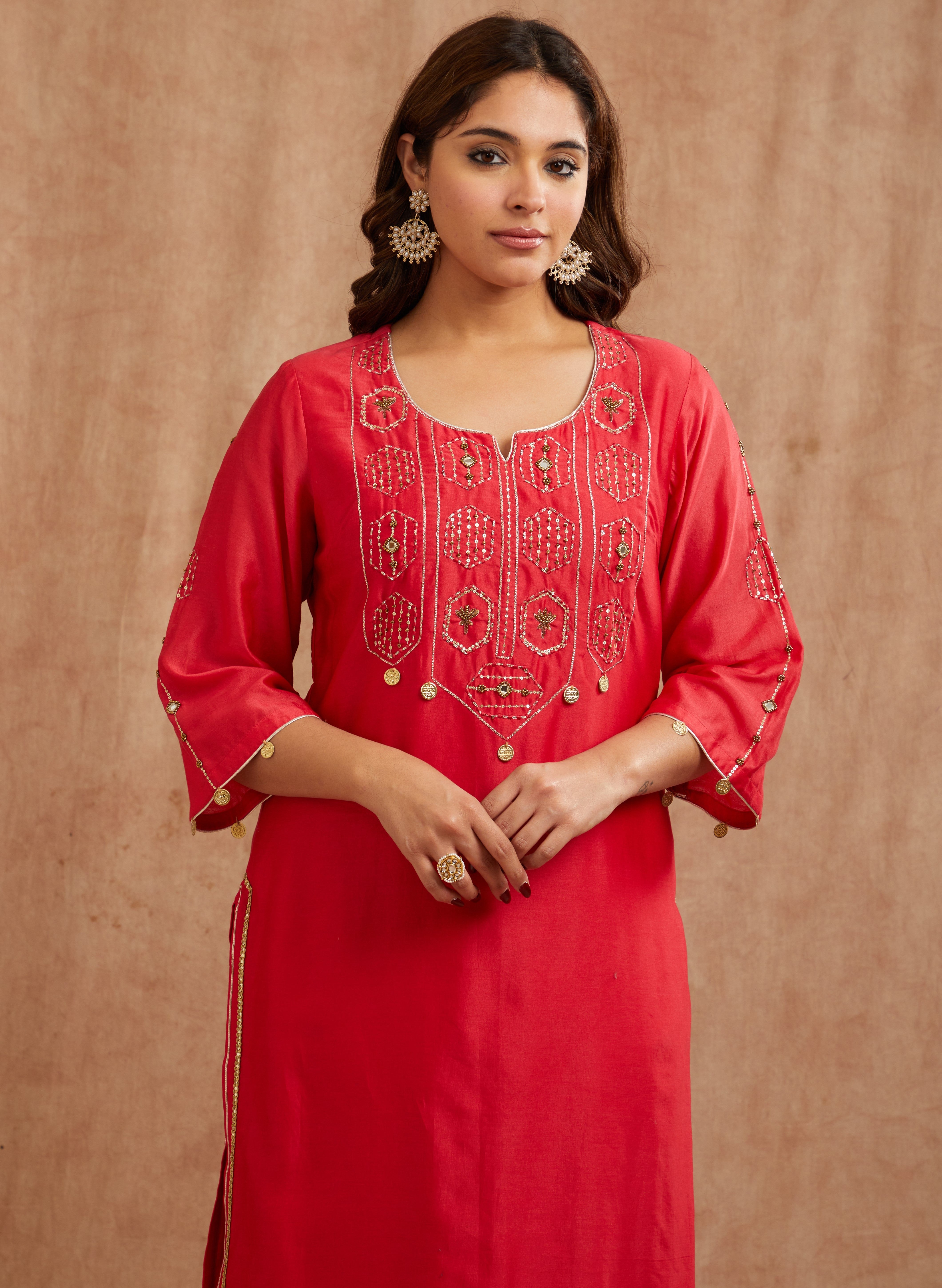 ONION PINK EMBROIDERED CHANDERI SUIT SET
