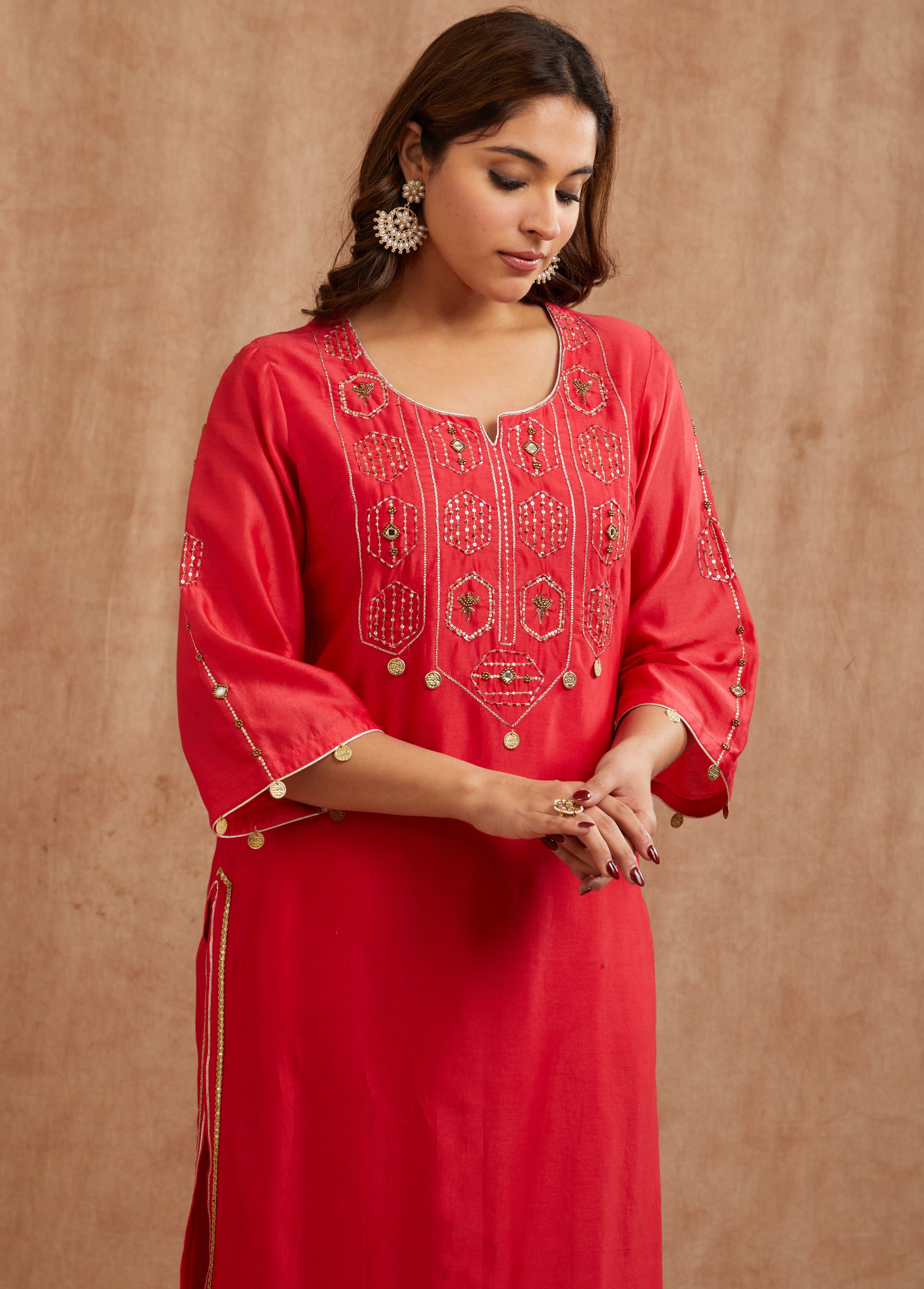ONION PINK EMBROIDERED CHANDERI SUIT SET