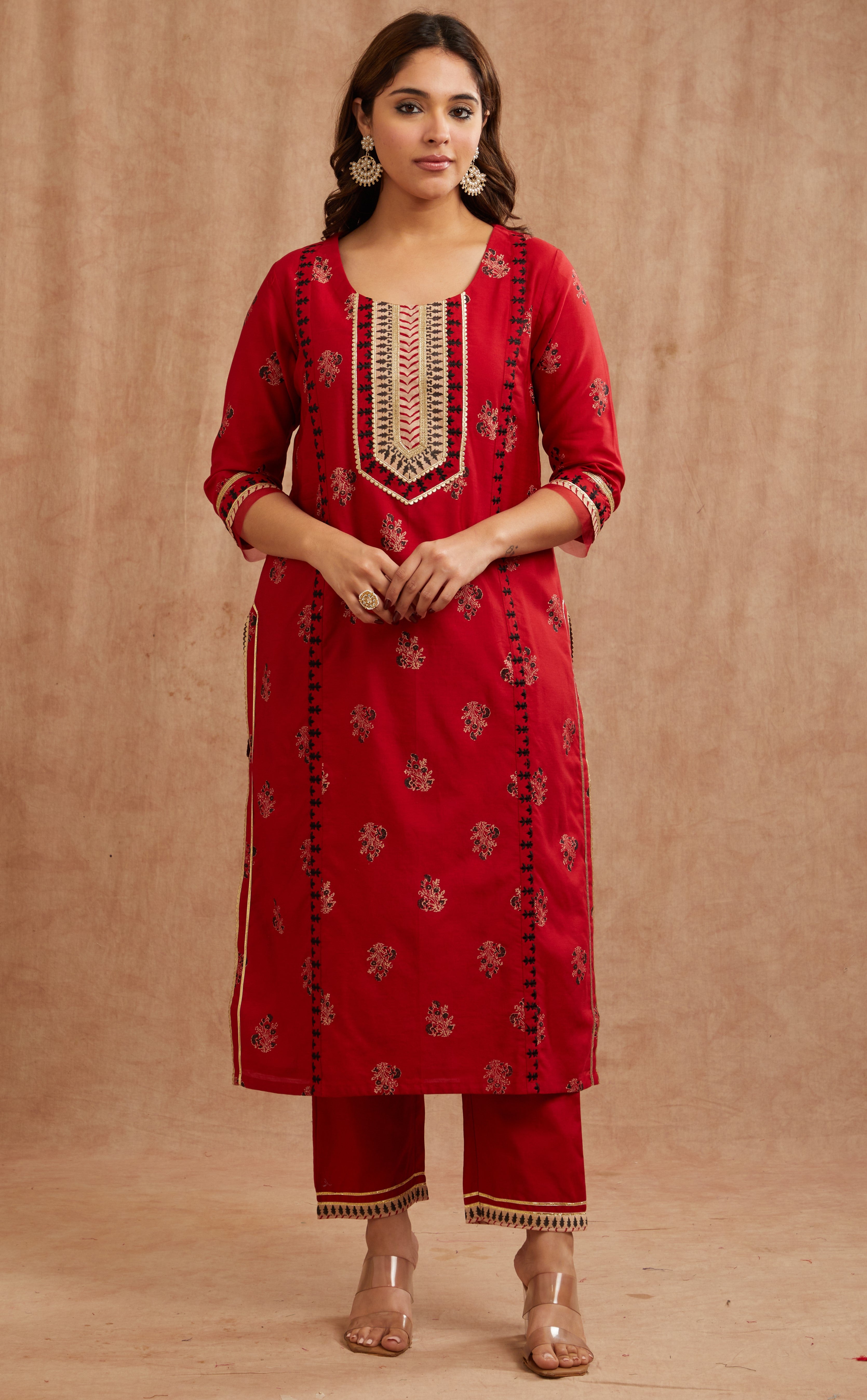 Crimson red chanderi silk festive suit set