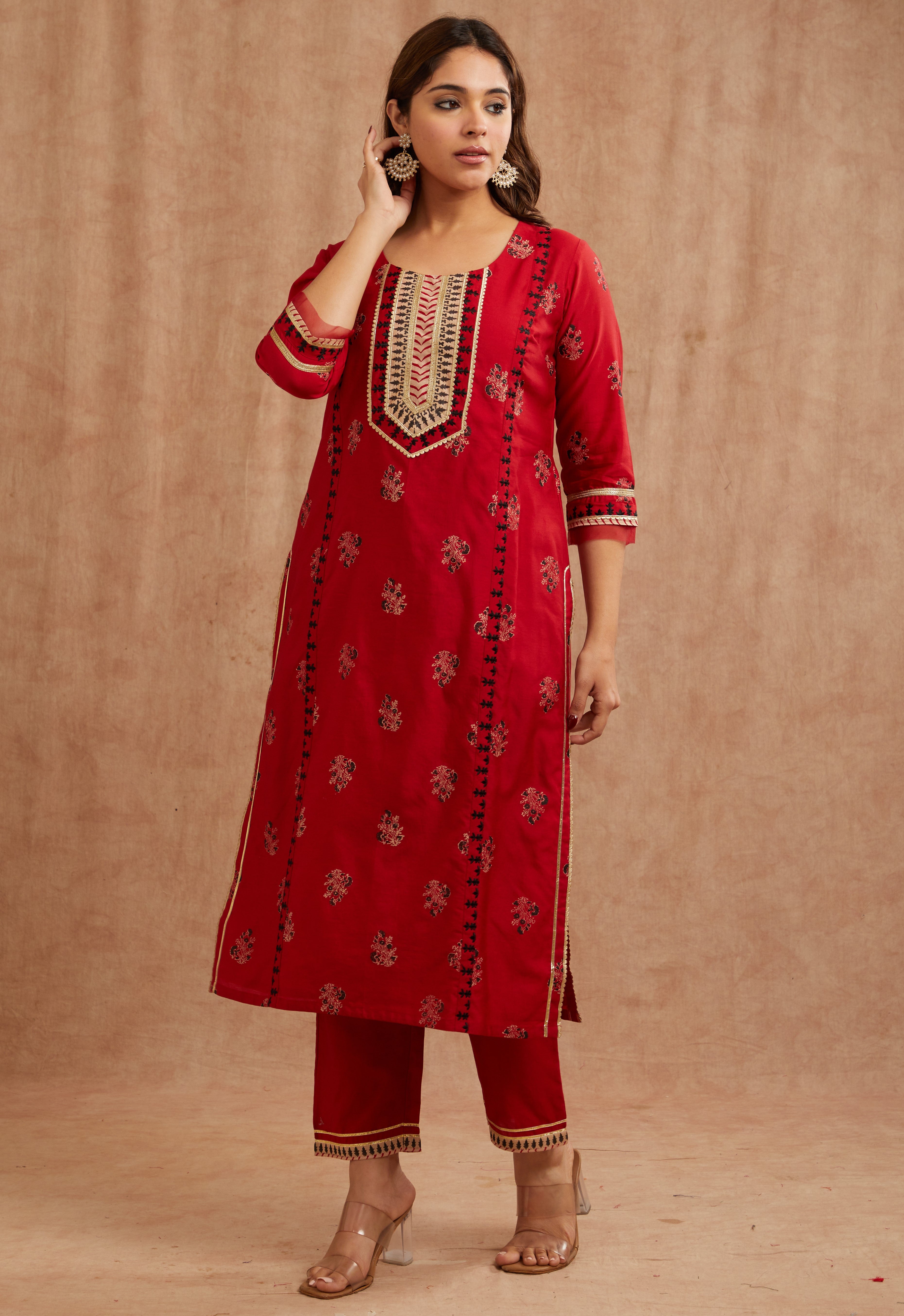 Crimson red chanderi silk festive suit set