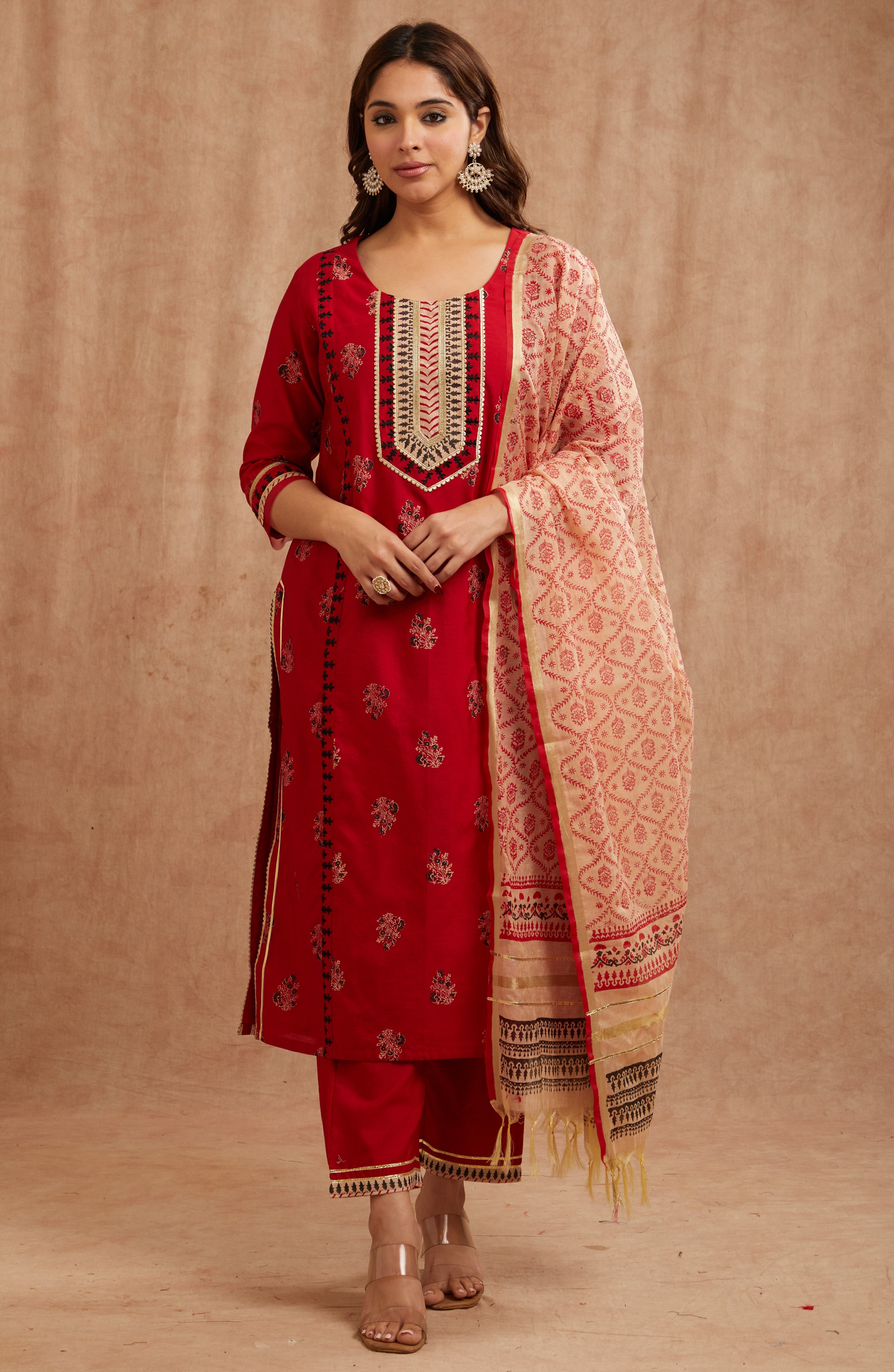 Crimson red chanderi silk festive suit set