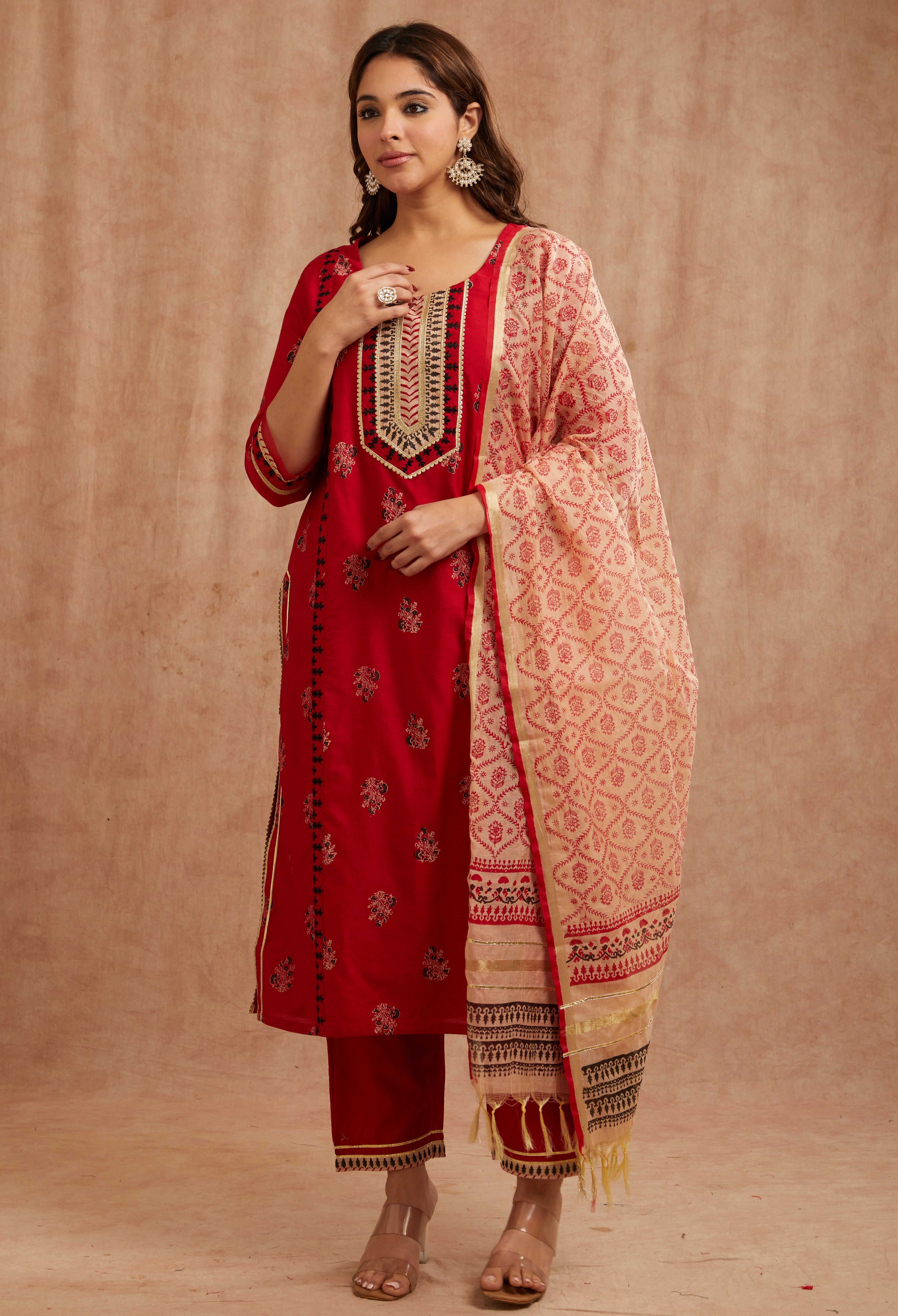 Crimson red chanderi silk festive suit set