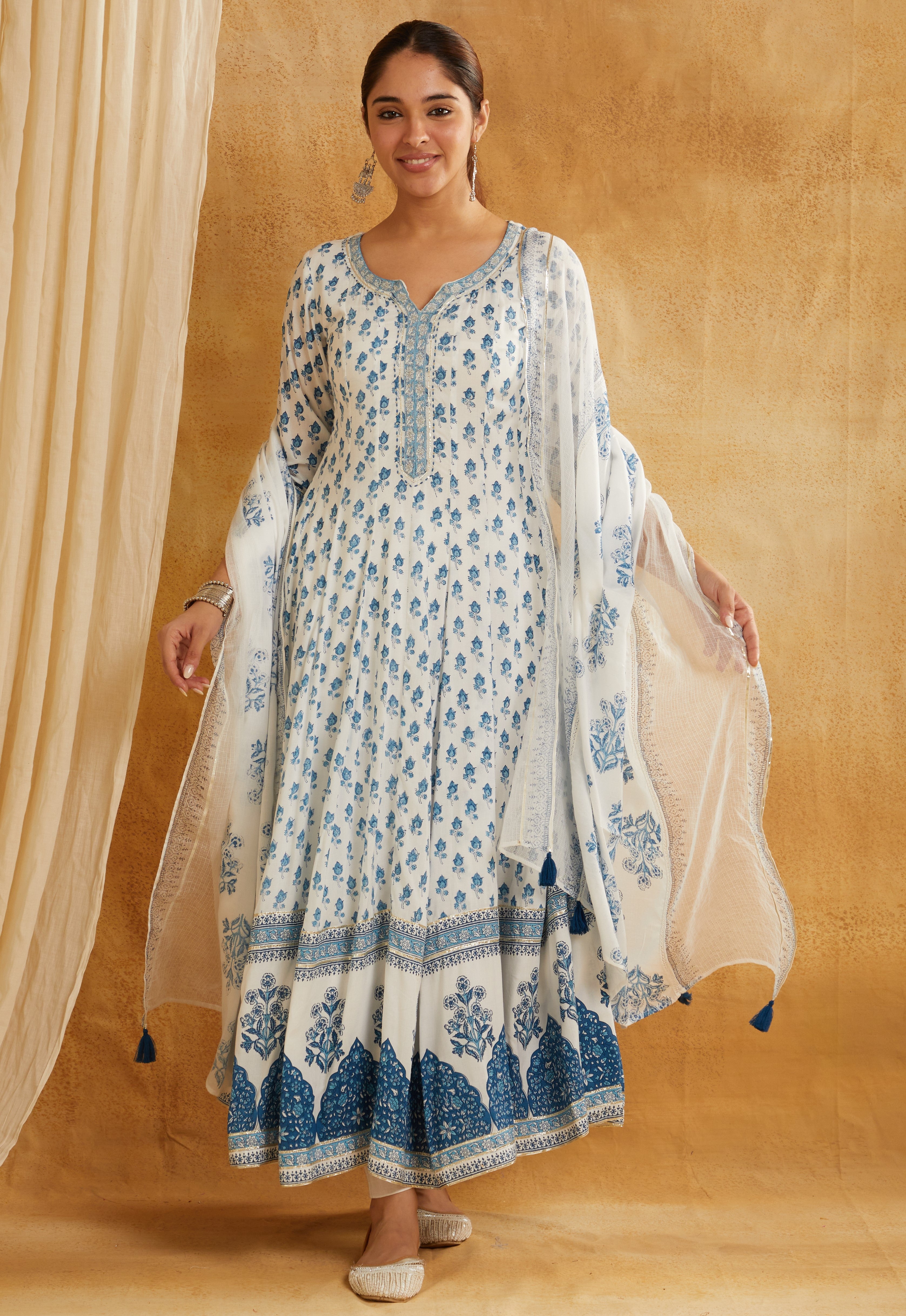 WHITE INDIGO BUTI ANARKALI