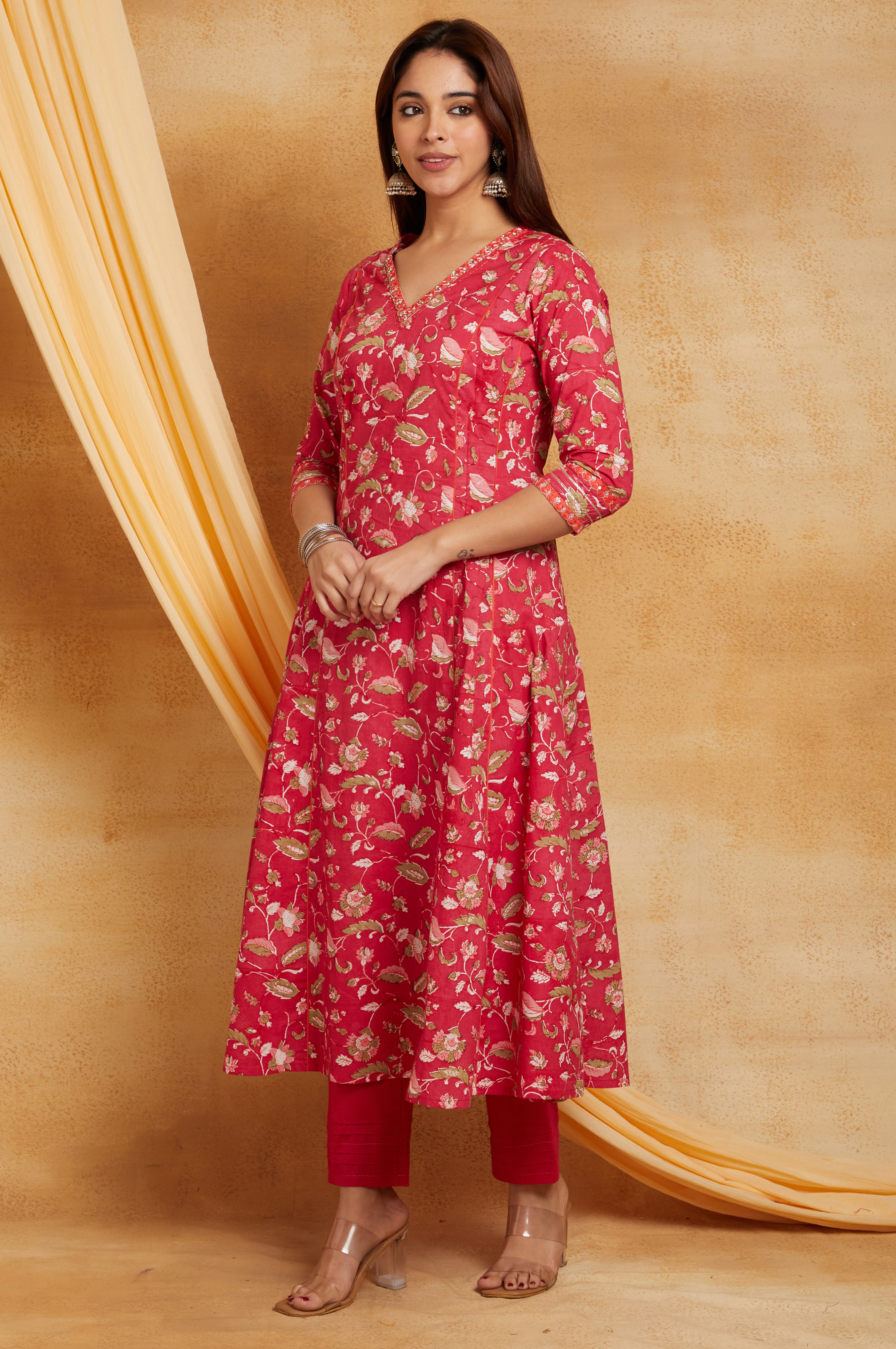FUSCIA BLOCK PRINTED A-LINE SUIT SET