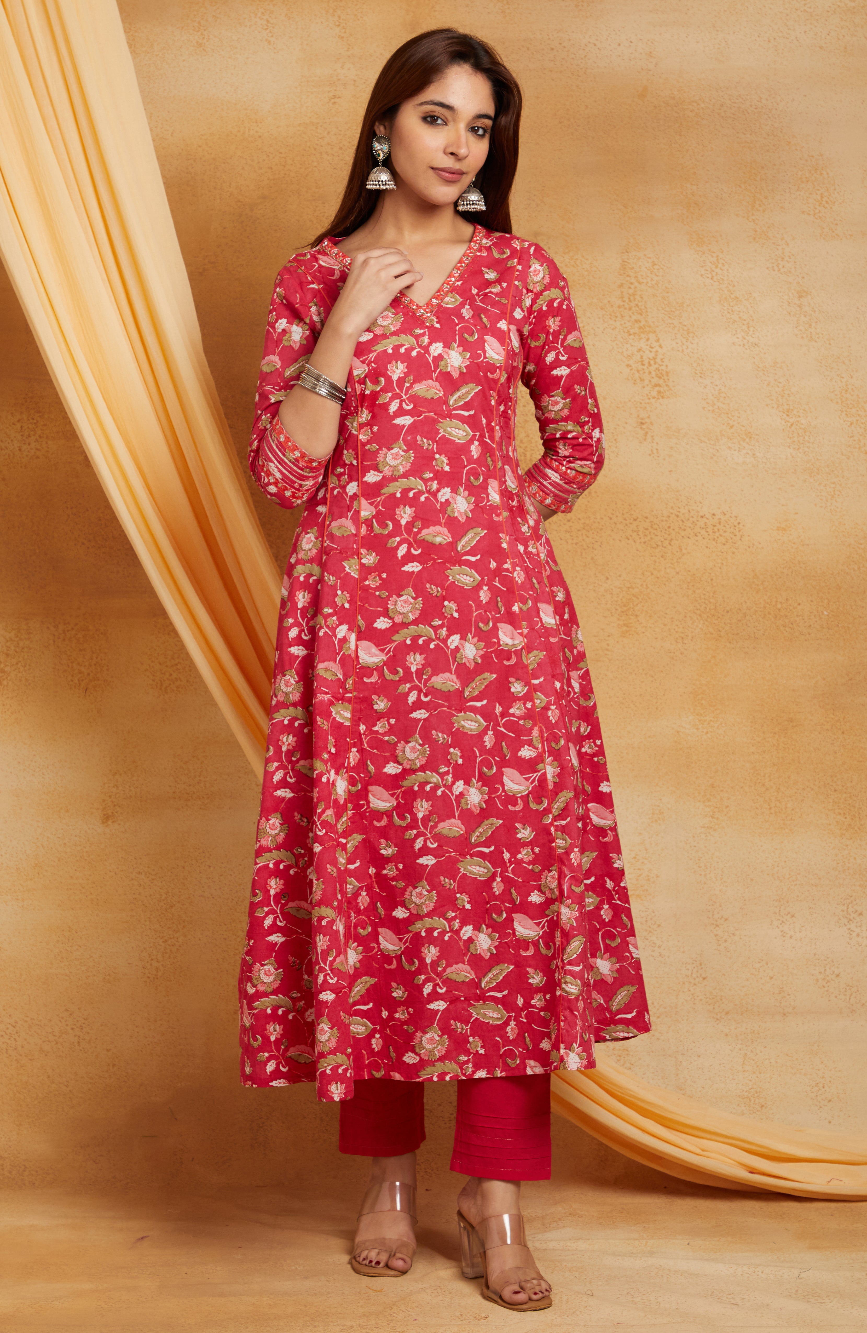 FUSCIA BLOCK PRINTED A-LINE SUIT SET