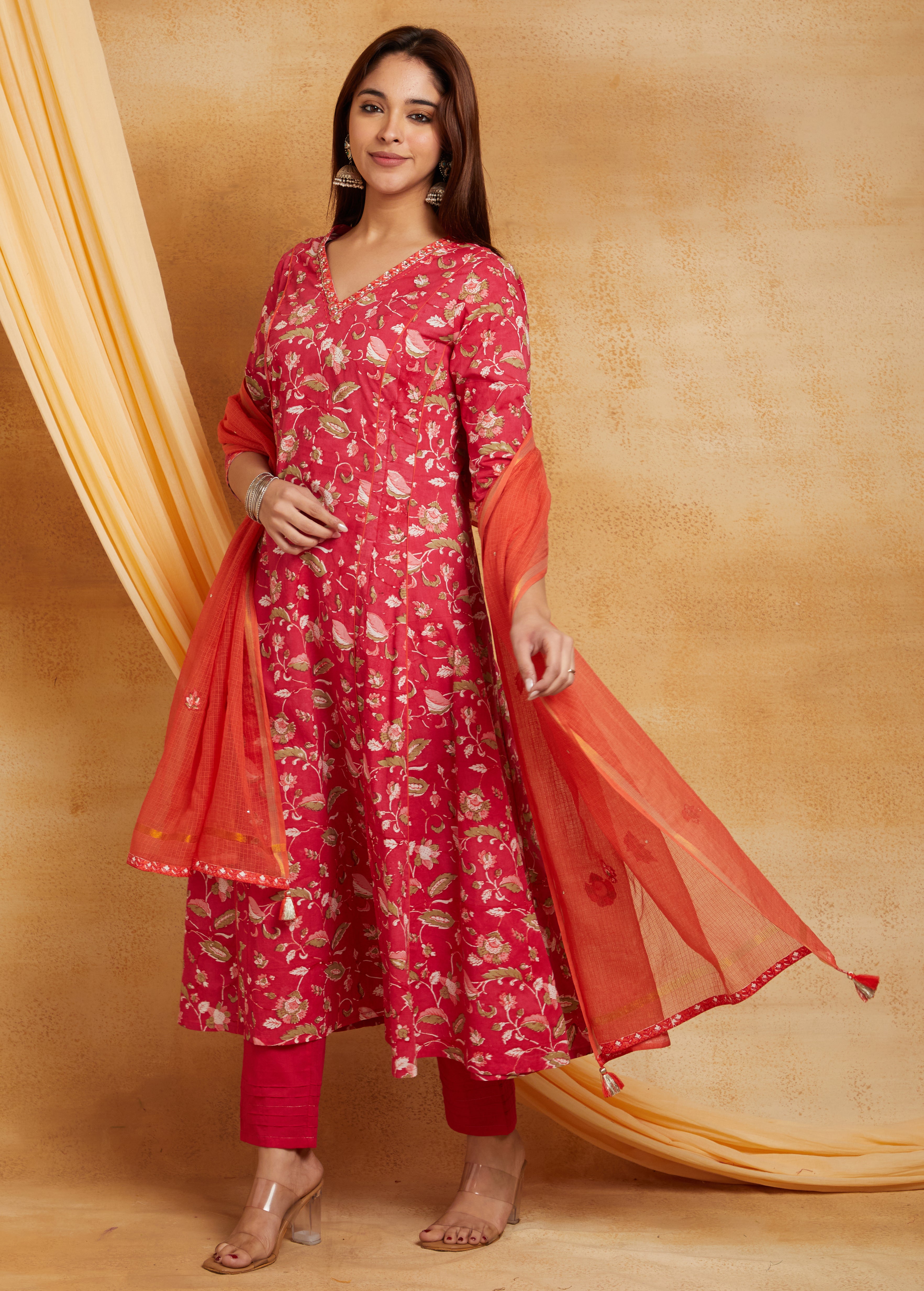 FUSCIA BLOCK PRINTED A-LINE SUIT SET