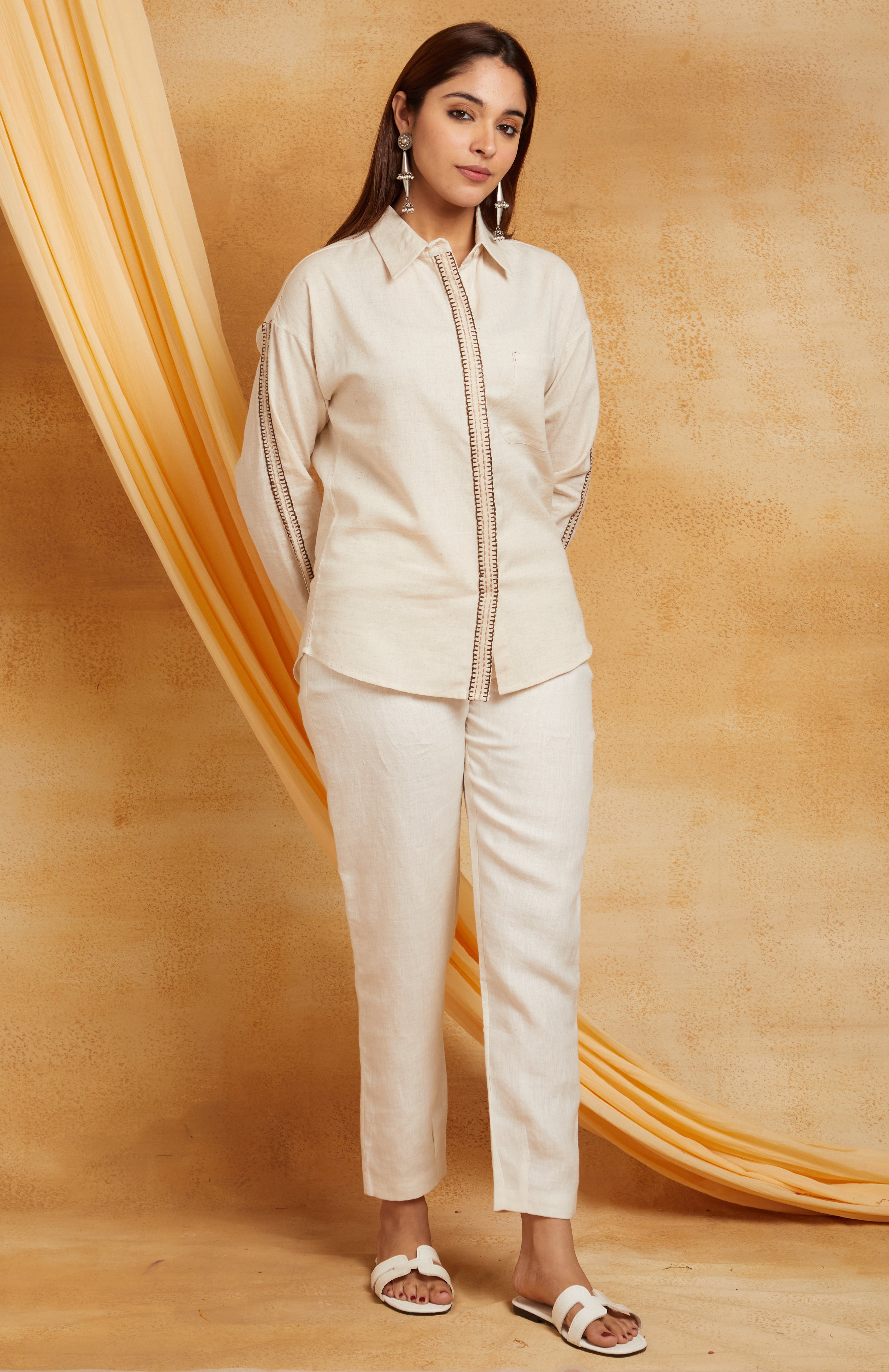 LINEN BLEND IVORY EMBROIDERED WOMEN SHIRT