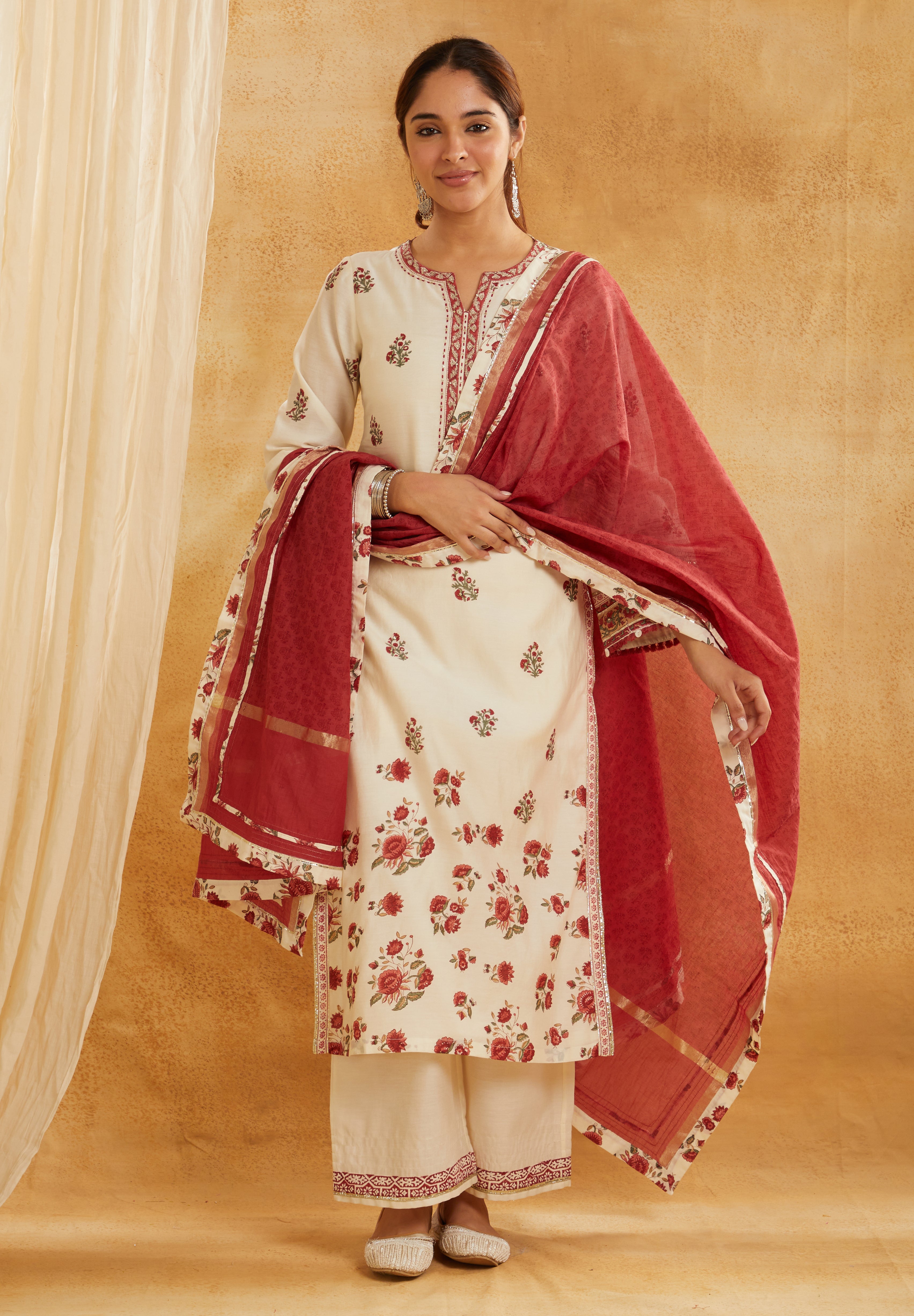 IVORY SILK CHANDERI BLOCK PRINTED EMBROIDERED SUIT SET