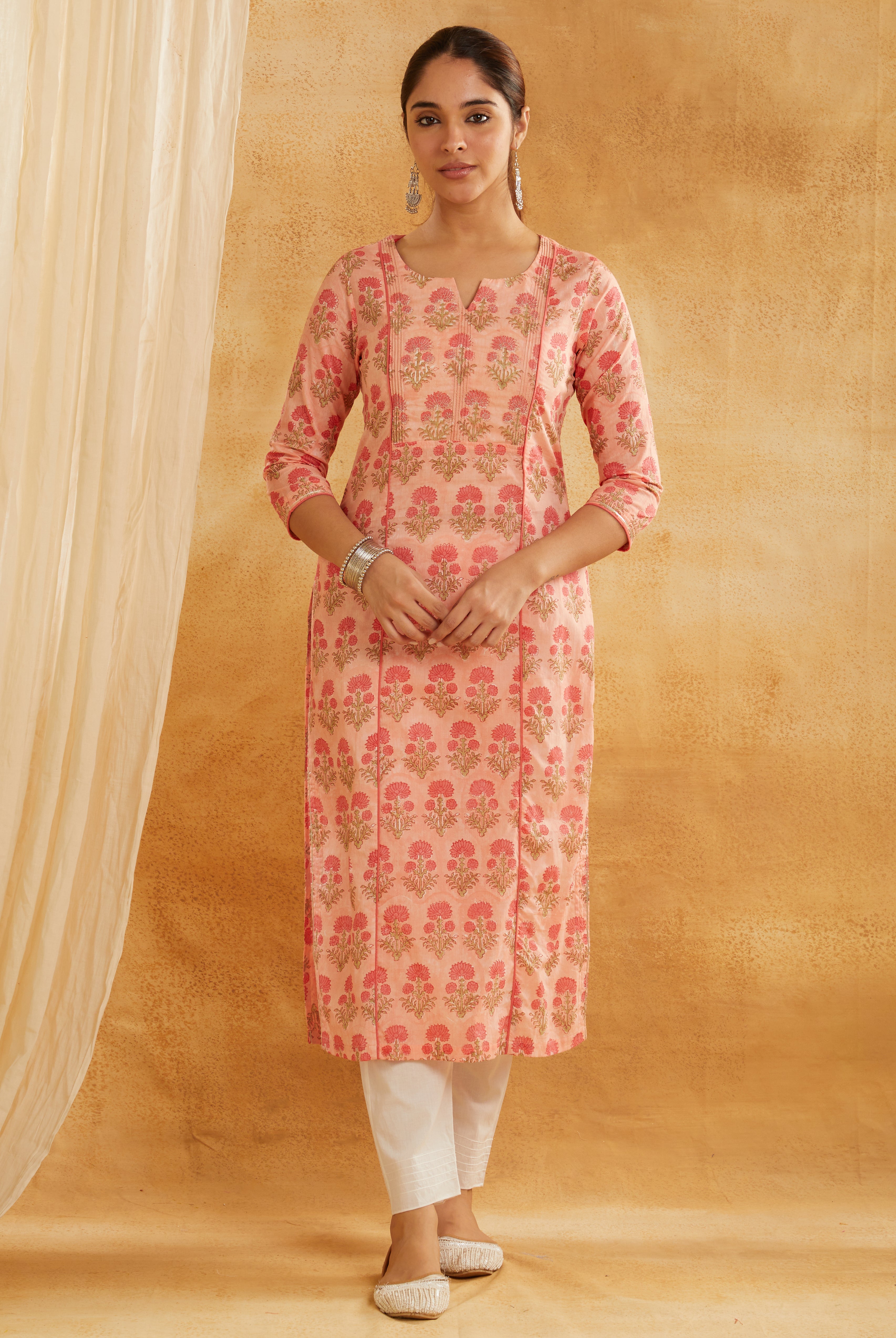 PEACH BLOCK PRINTED EMBROIDERED COTTON KURTA
